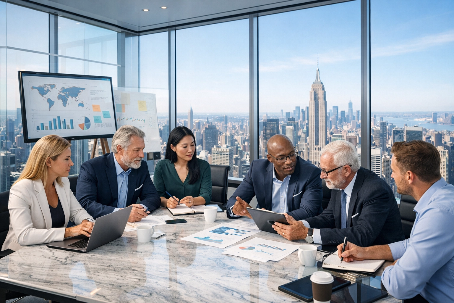 Business experts collaborating in a modern boardroom to manage digital growth and navigate changing global markets.