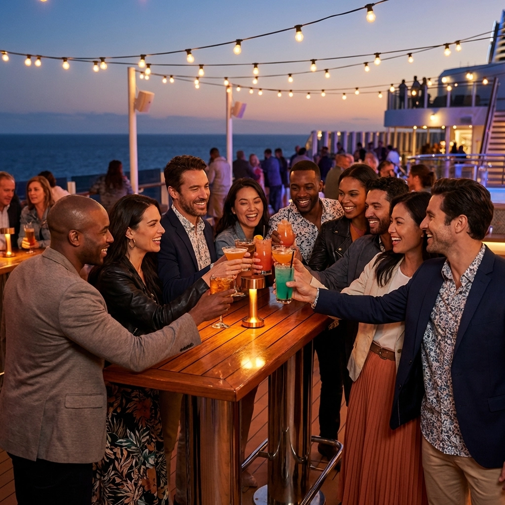 Group of adults enjoying cocktails at a stylish cruise ship rooftop bar, highlighting Virgin Voyages' social vibe