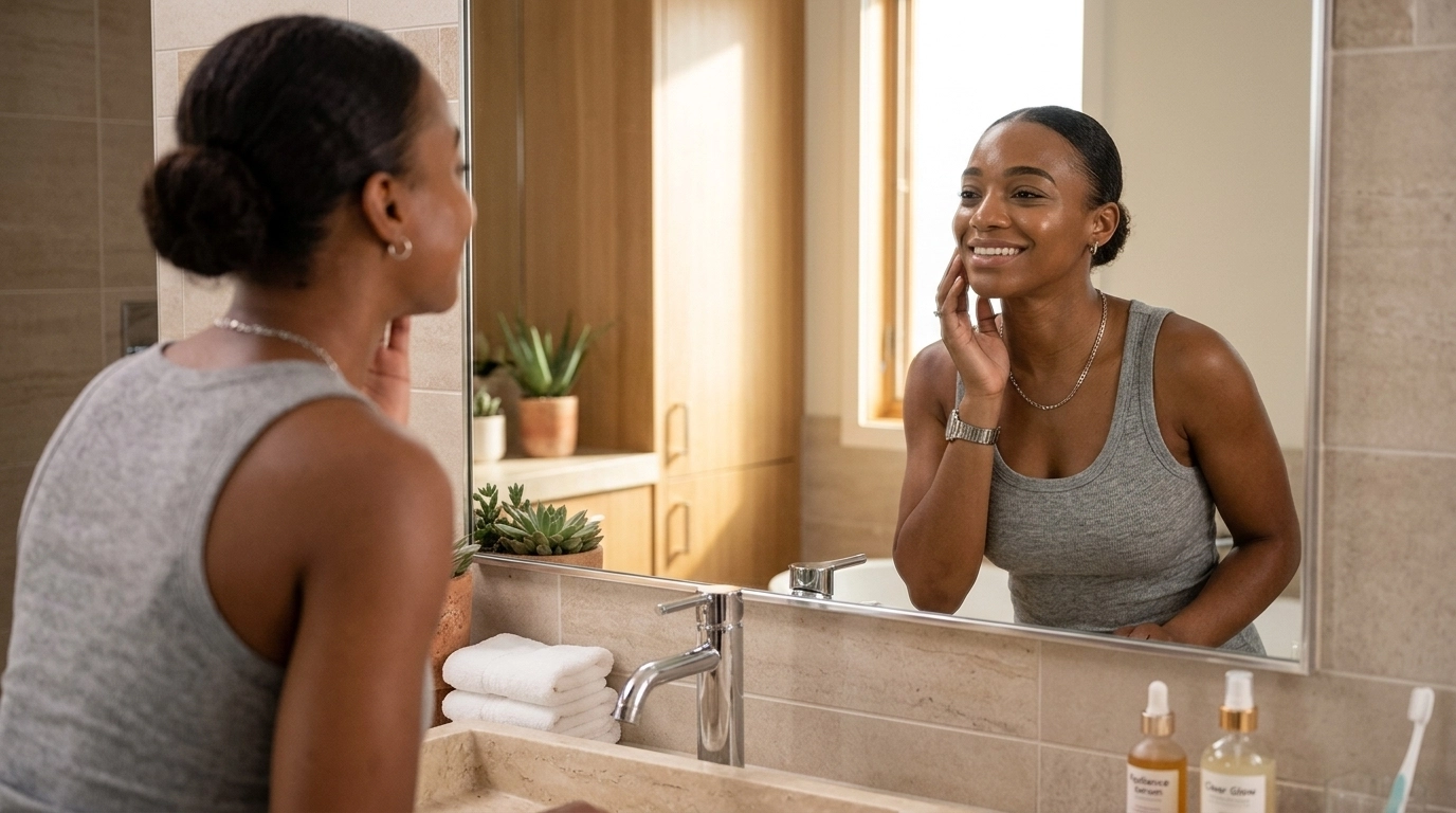 A woman with clear, glowing skin reflecting the results of a healthy beauty routine.