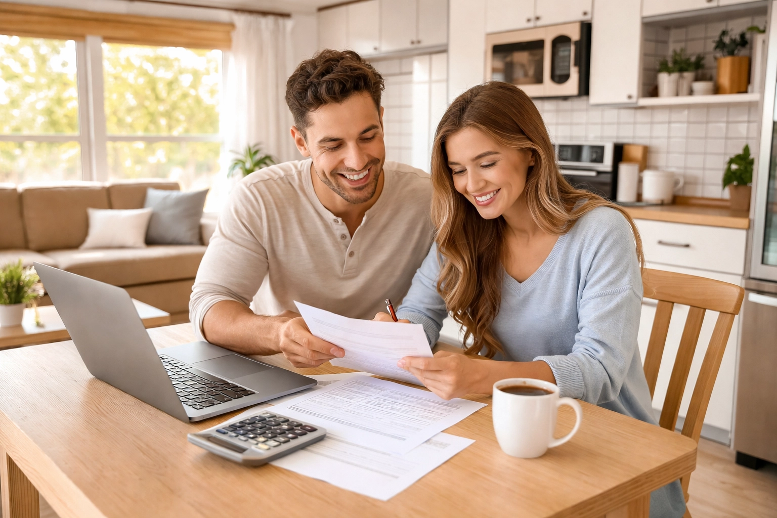 Couple reviewing chattel loan documents for their manufactured home purchase