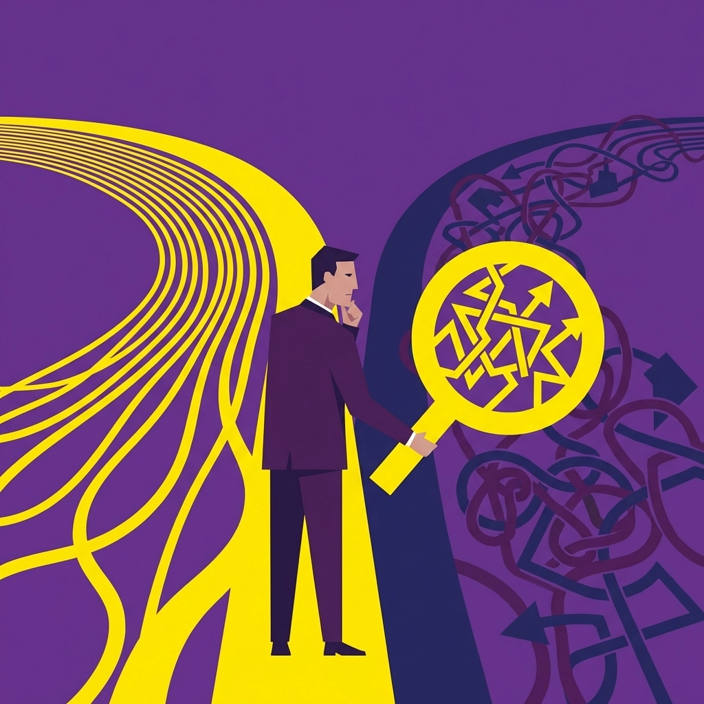 Illustration einer Führungskraft am Scheideweg, die verborgene Reibungspunkte in Geschäftsprozessen entdeckt