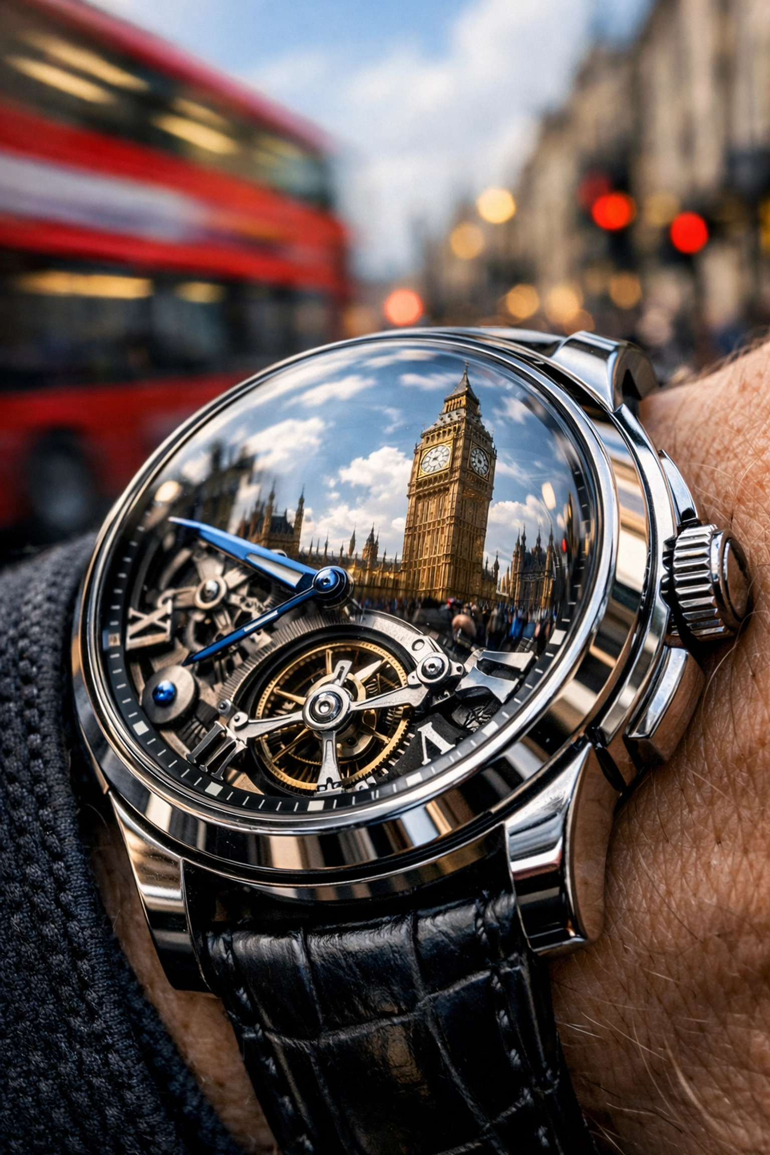 Close-up of a wristwatch reflecting Big Ben, highlighting the importance of punctuality in London business.