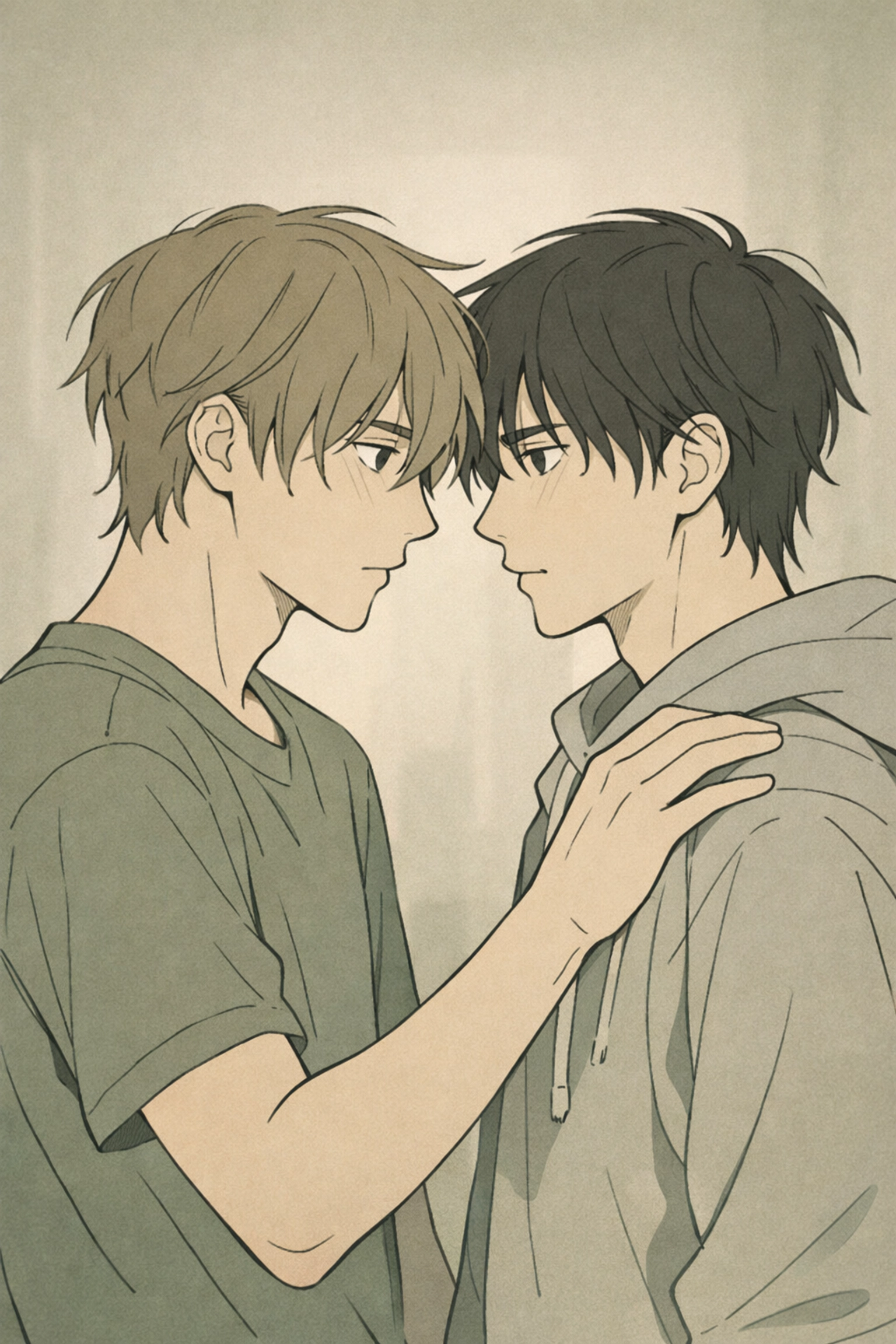 Step-brothers in vulnerable confession moment illustrating MM romance emotional depth