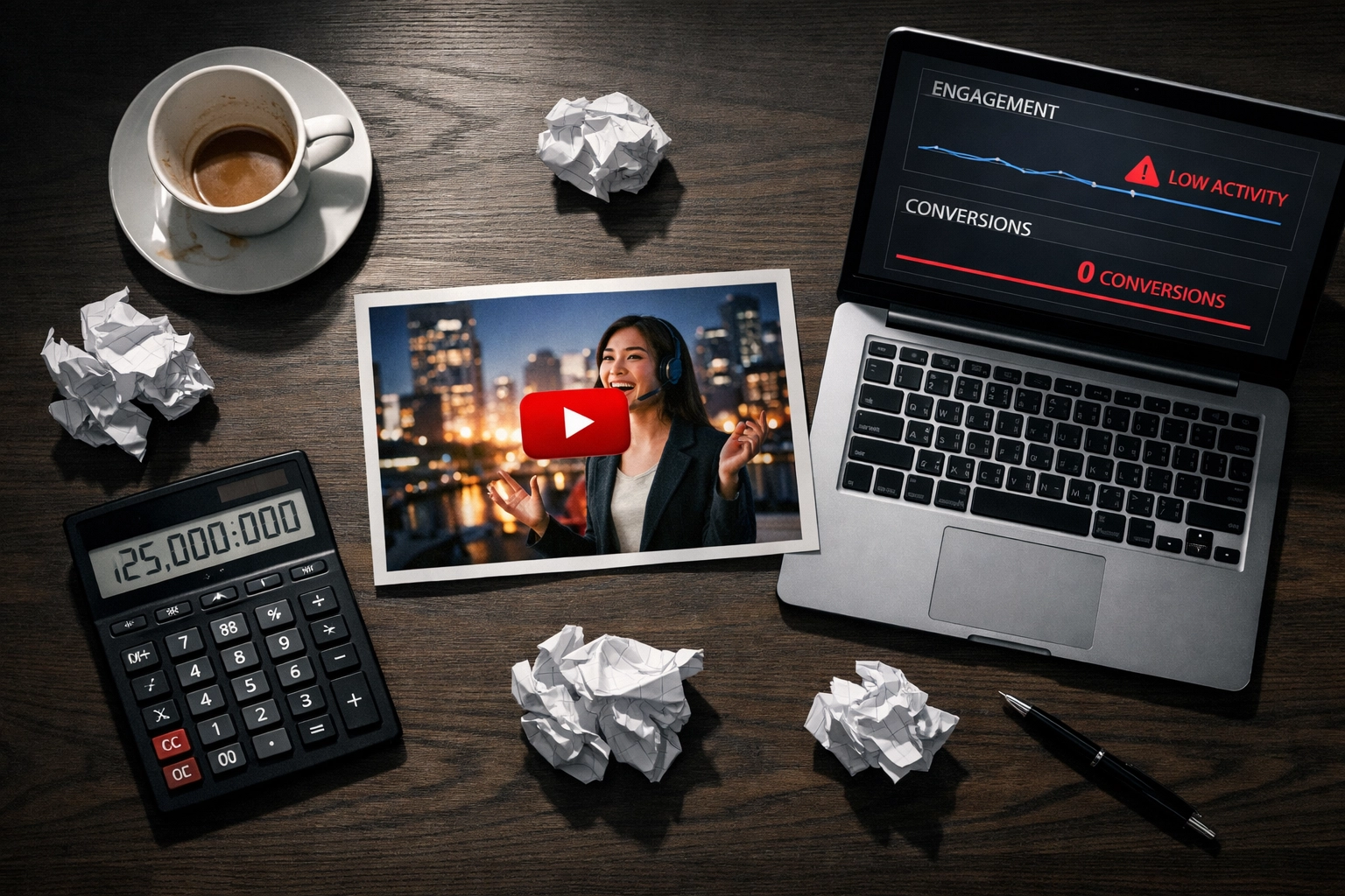 Failed video marketing investment showing poor engagement metrics on laptop screen