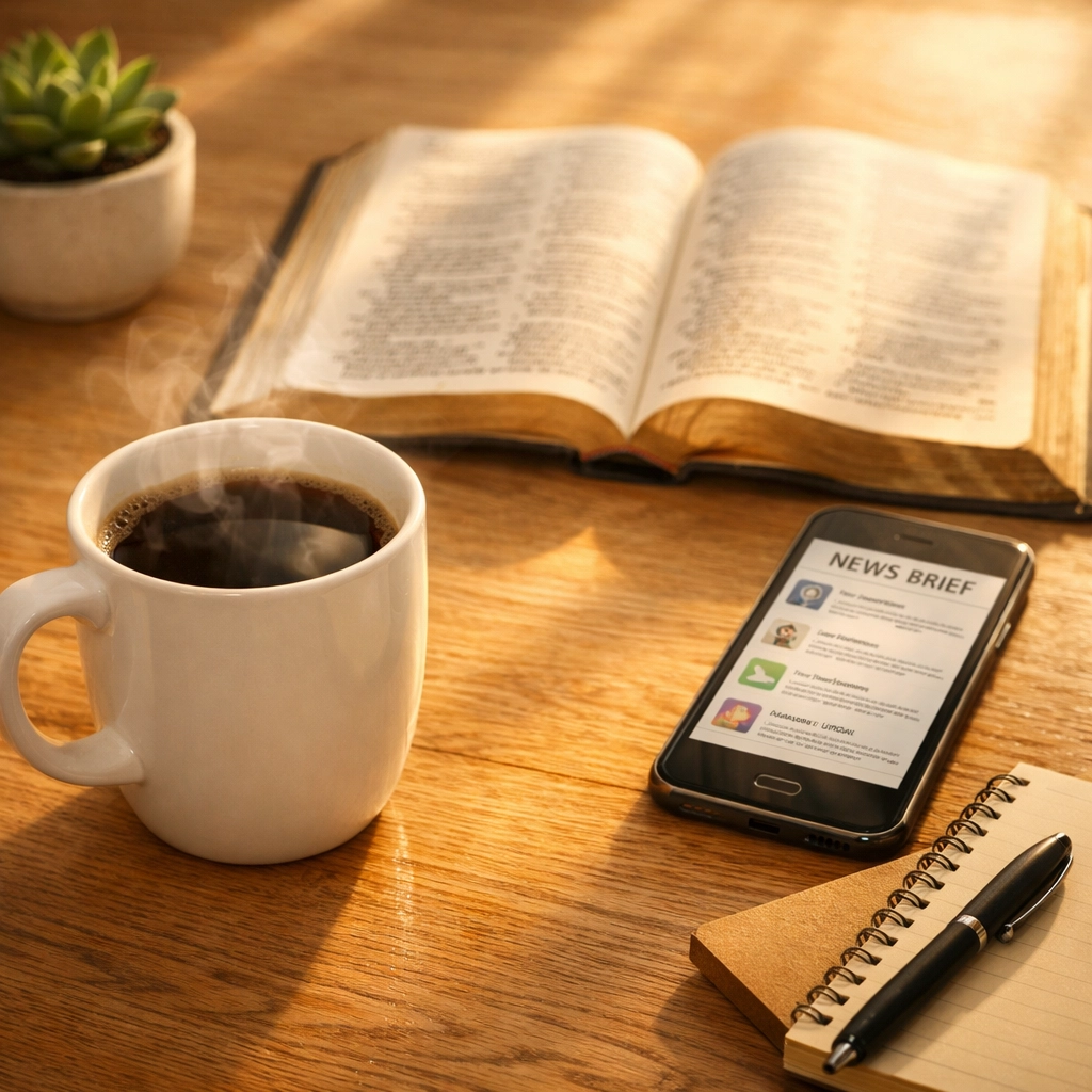Morning breakfast table with coffee, open Bible, and smartphone displaying 8 AM Breakfast Brief