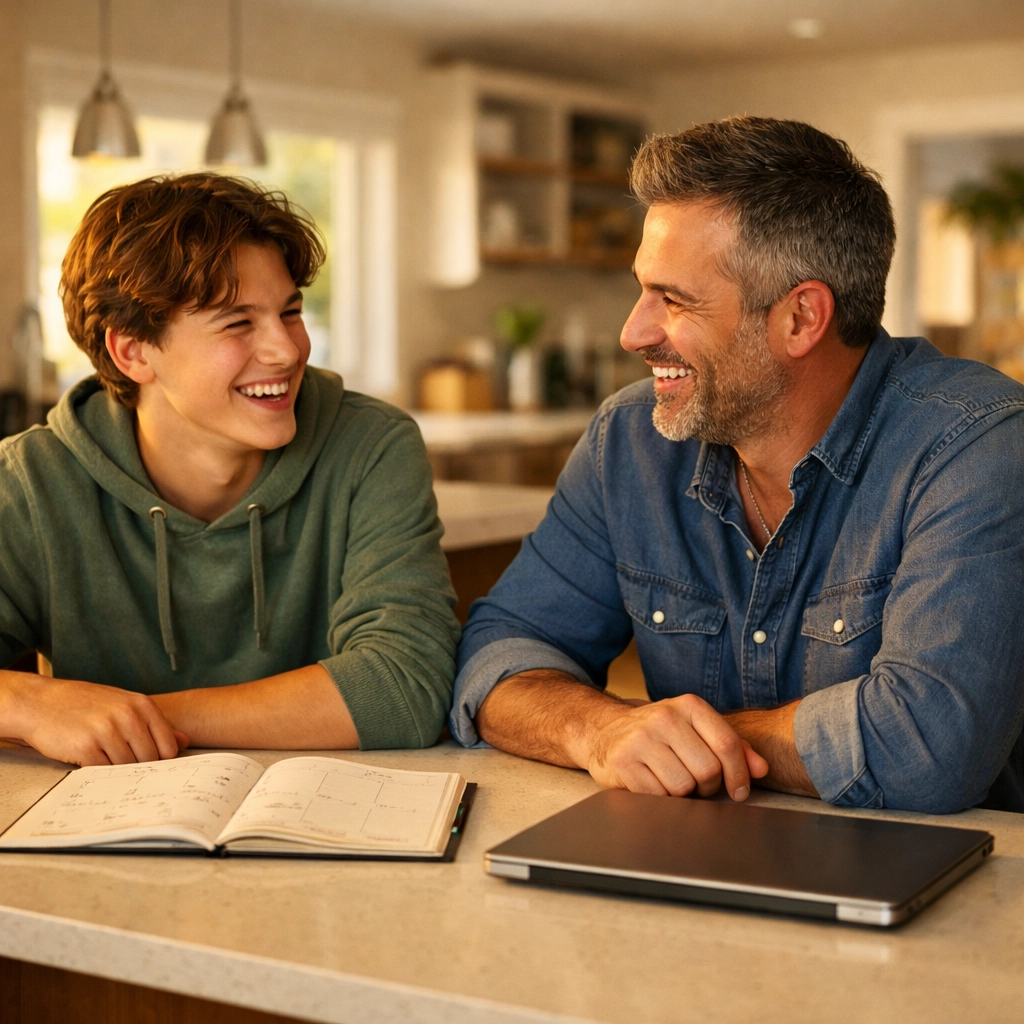 A father and teenage son connecting over a weekly plan at a kitchen island during a Sunday reset.