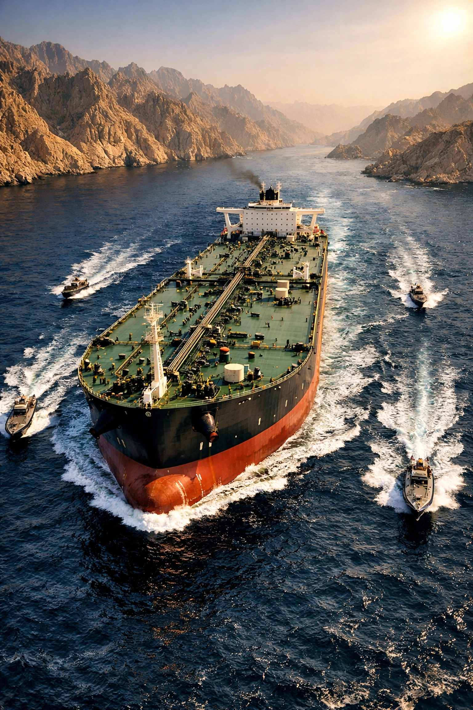 An oil tanker escorted by patrol boats through the narrow Strait of Hormuz shipping lanes.