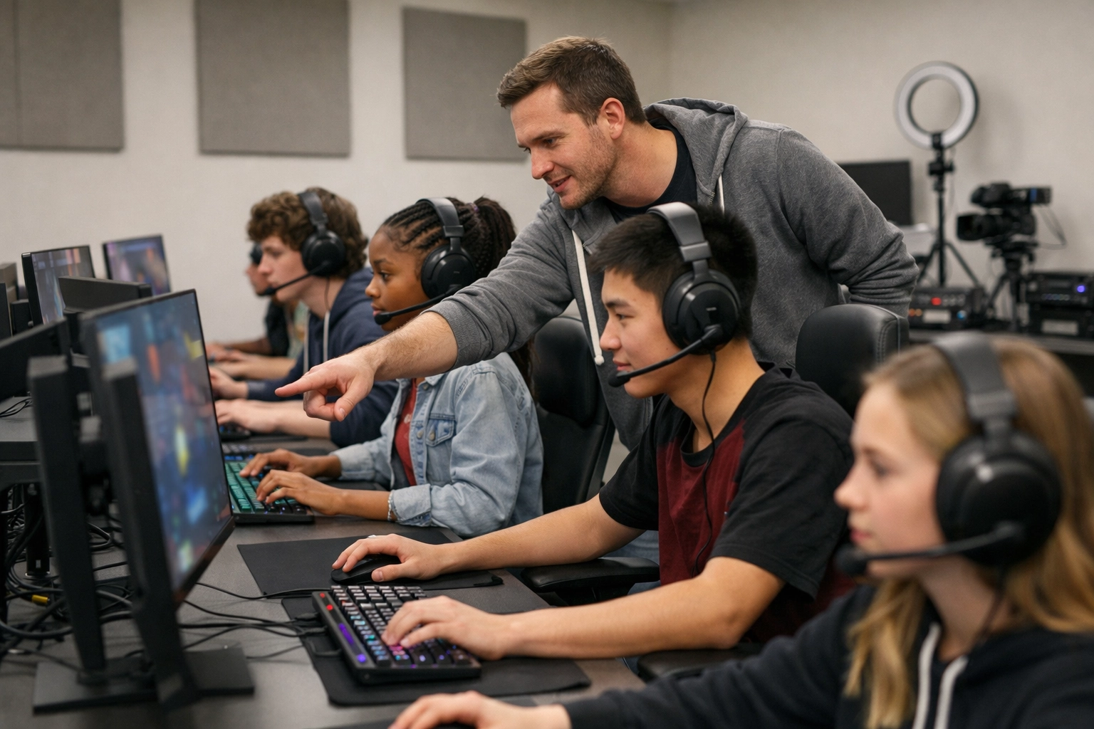 High school students in an esports pod lab with a coach, demonstrating educational simulation and sponsorship engagement.