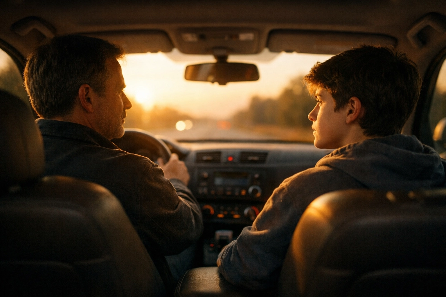 Father and teen son in a car, using side-by-side communication for teen mental health.