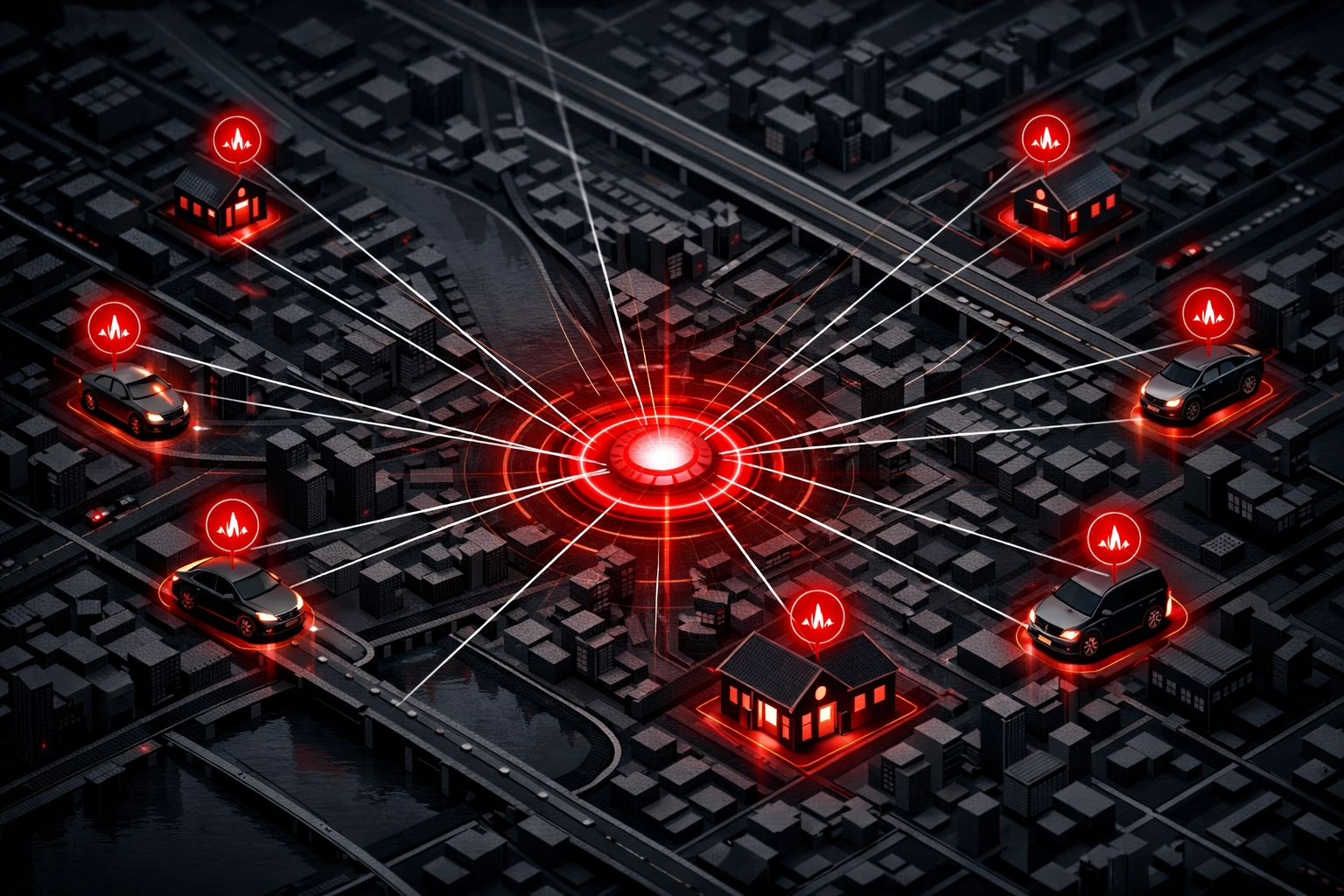 Digital map with red markers identifying high-intent in-market car buyers for dealership targeting.