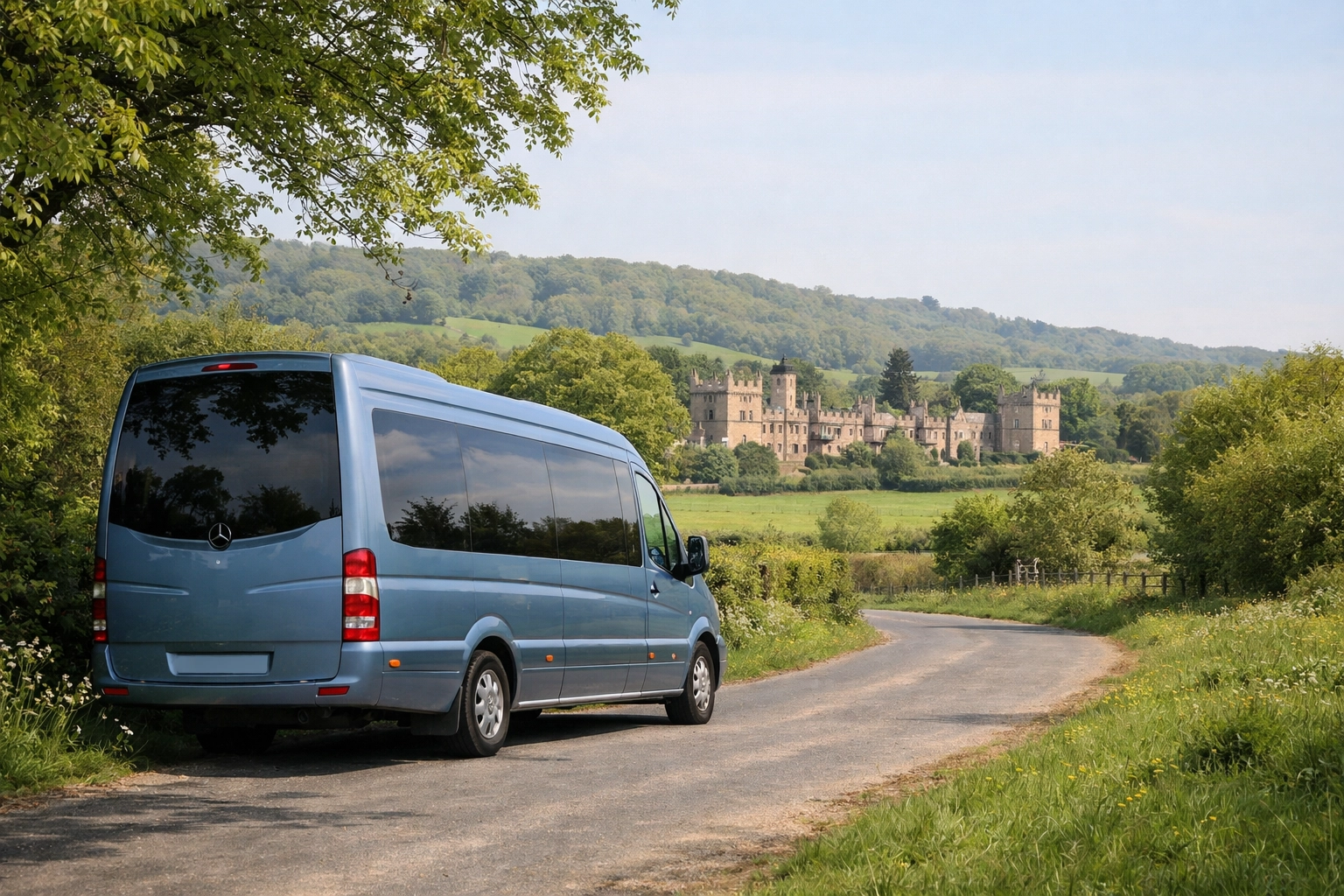 A silver blue Mercedes minibus parked near Winchcombe with Sudeley Castle in the distance.