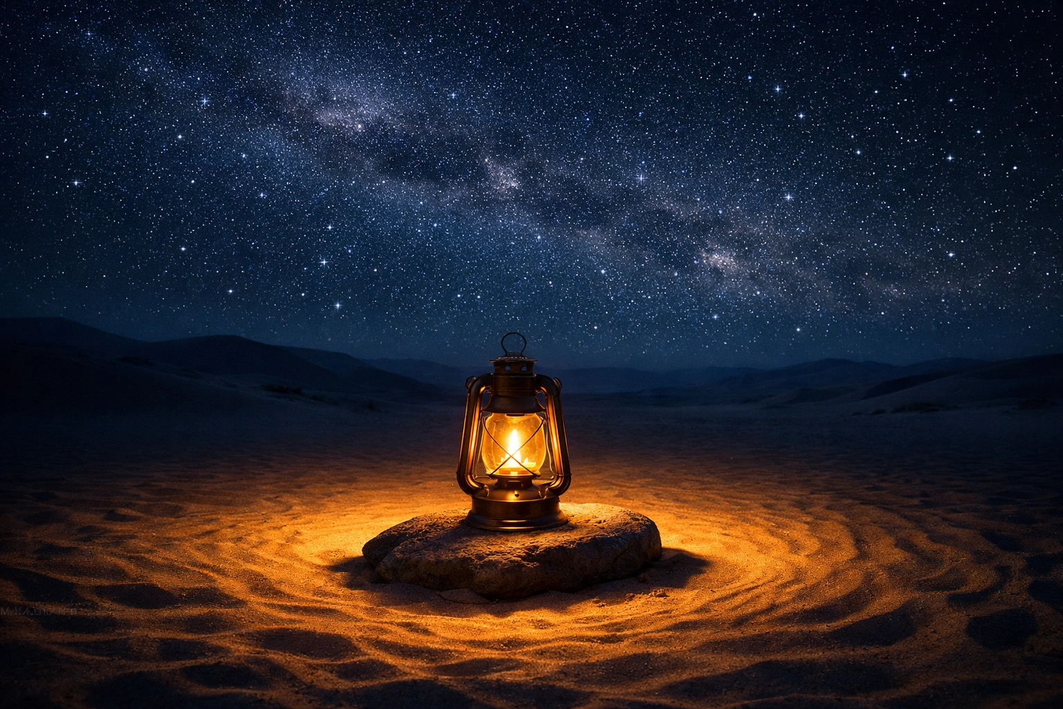 A glowing lantern in a dark desert night, symbolizing the unstoppable light of Jesus and divine guidance.