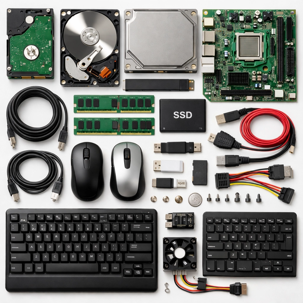 Business e-waste components including hard drives and circuit boards ready for recycling