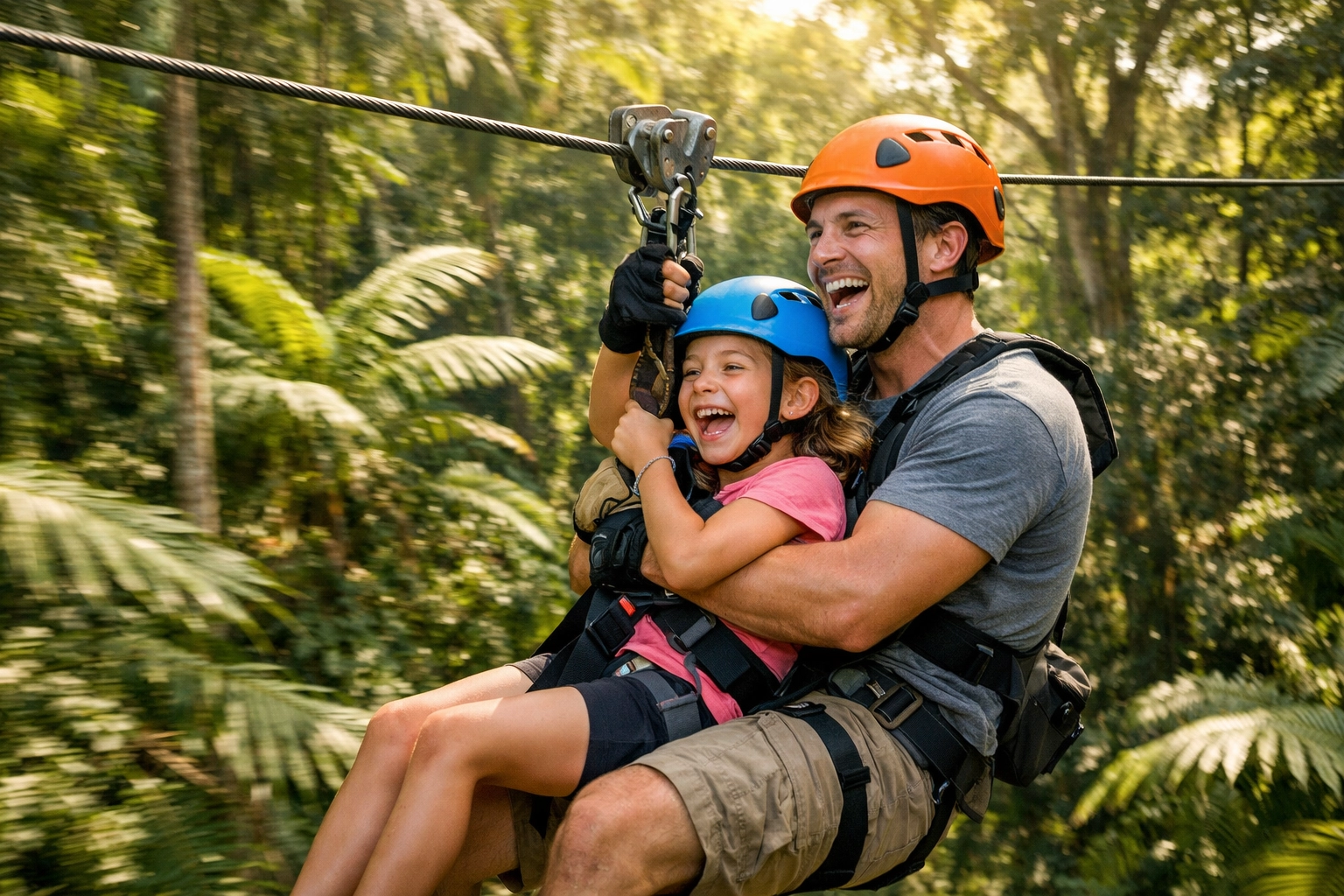 Father and daughter ziplining through a tropical jungle, a top family travel activity for great photos.