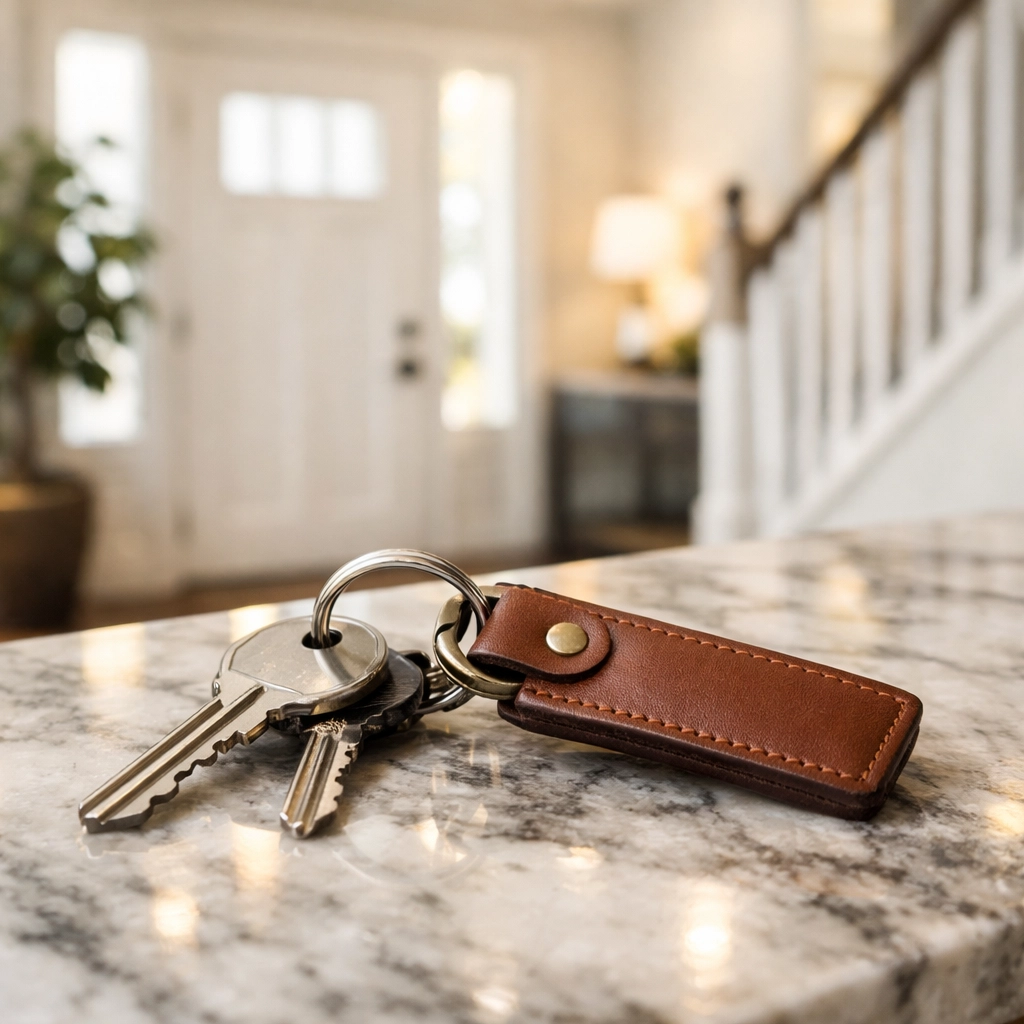 New house keys on a marble counter, symbolizing a successful closing with a real estate agent in the NC Triangle.