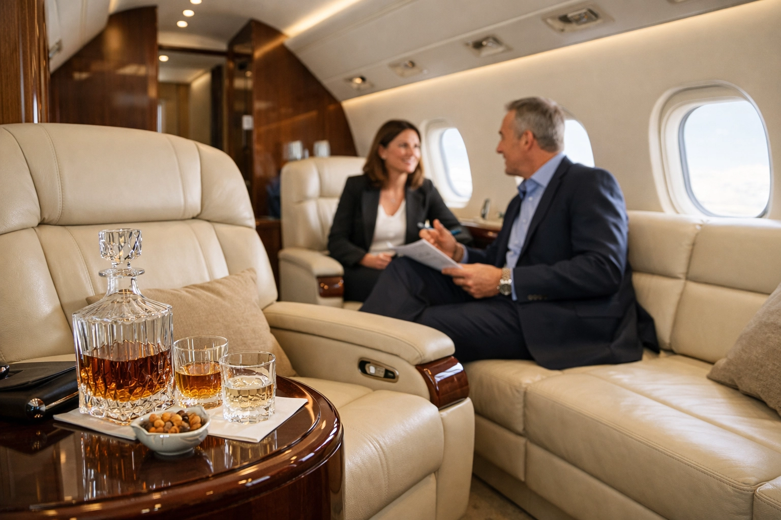 Luxury private jet interior showcasing elite corporate travel logistics for executive hosting.