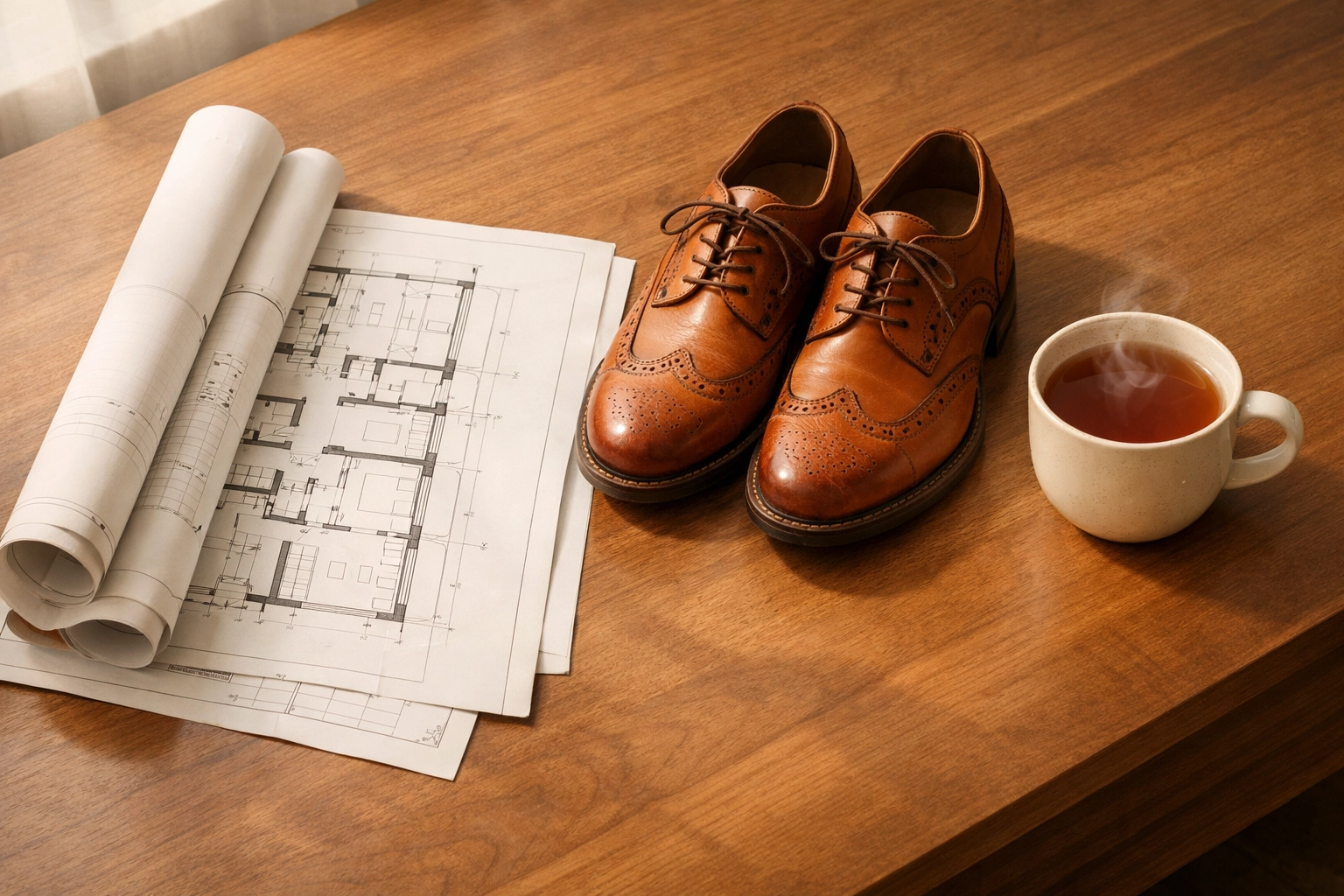 Blueprints and leather shoes on a wooden desk, symbolizing experienced hotel business consulting in India.