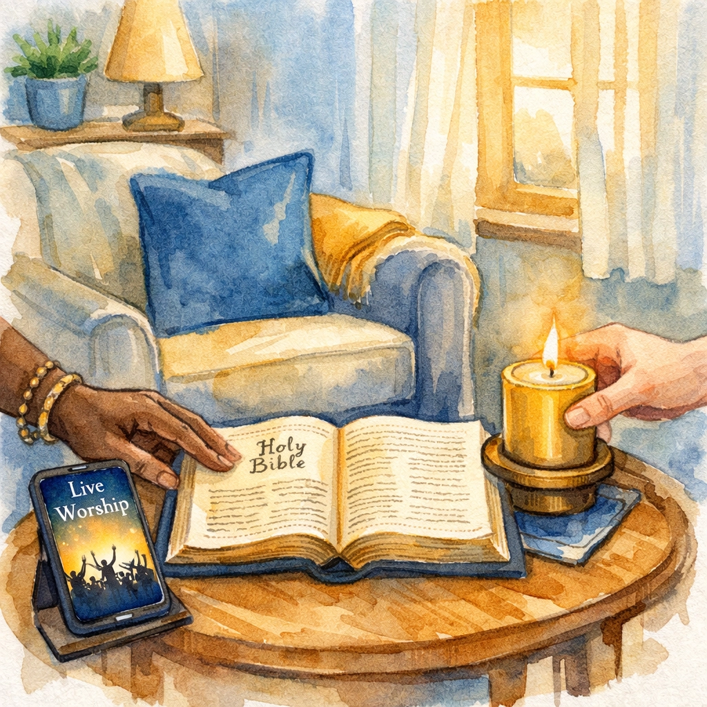 Cozy worship space with Bible, candle, and phone for Saturday night preparation