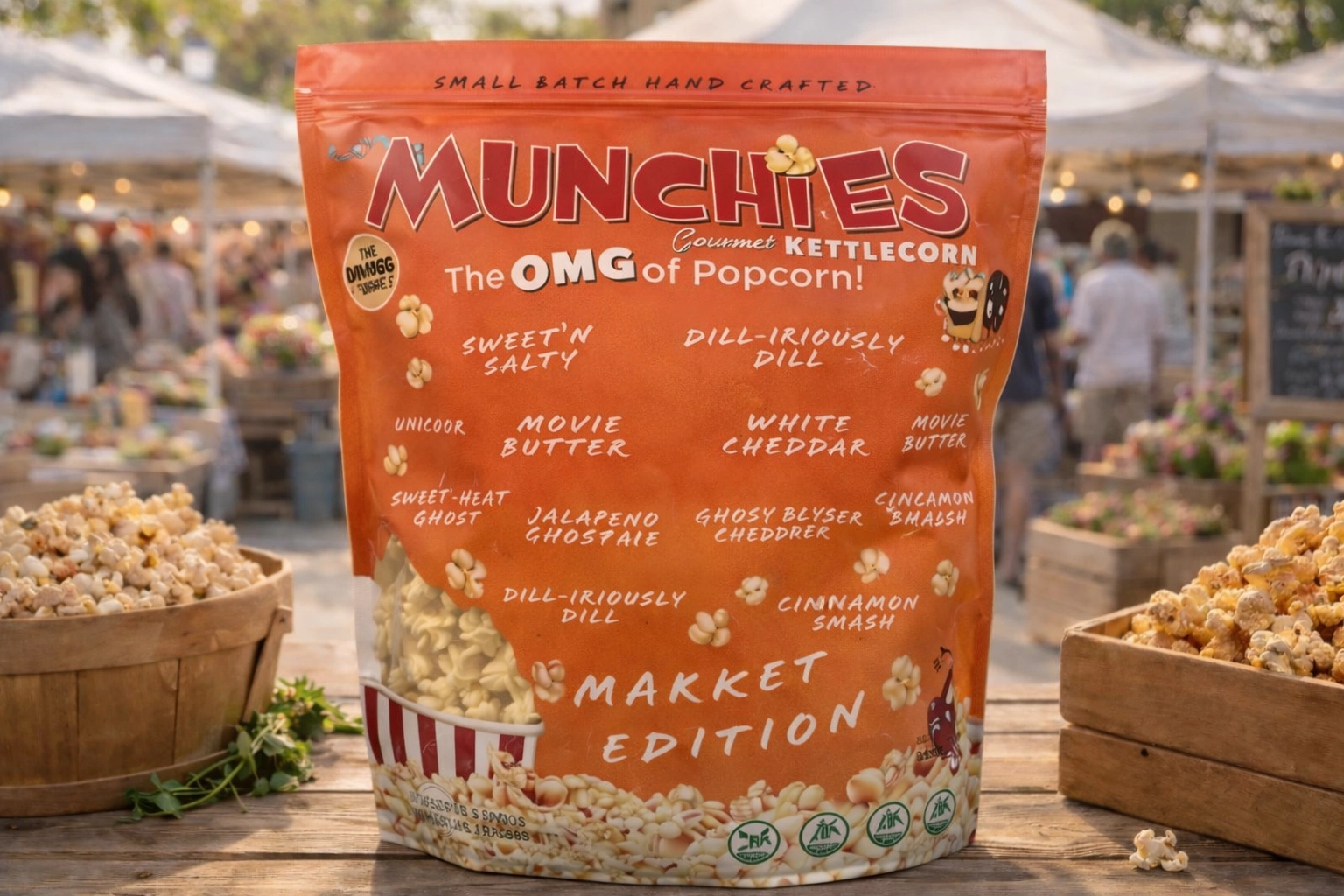 Munchies Gourmet Kettlecorn Market Edition bag at the farmers market