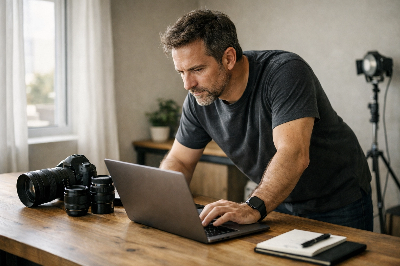 Professional photographer working in a minimalist studio to land premium jobs for photographers.