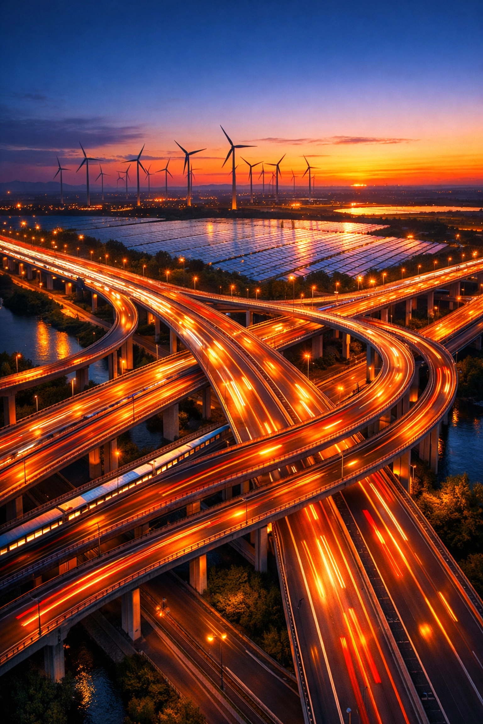Aerial view of infrastructure investments with highways bridges and renewable energy facilities at dusk