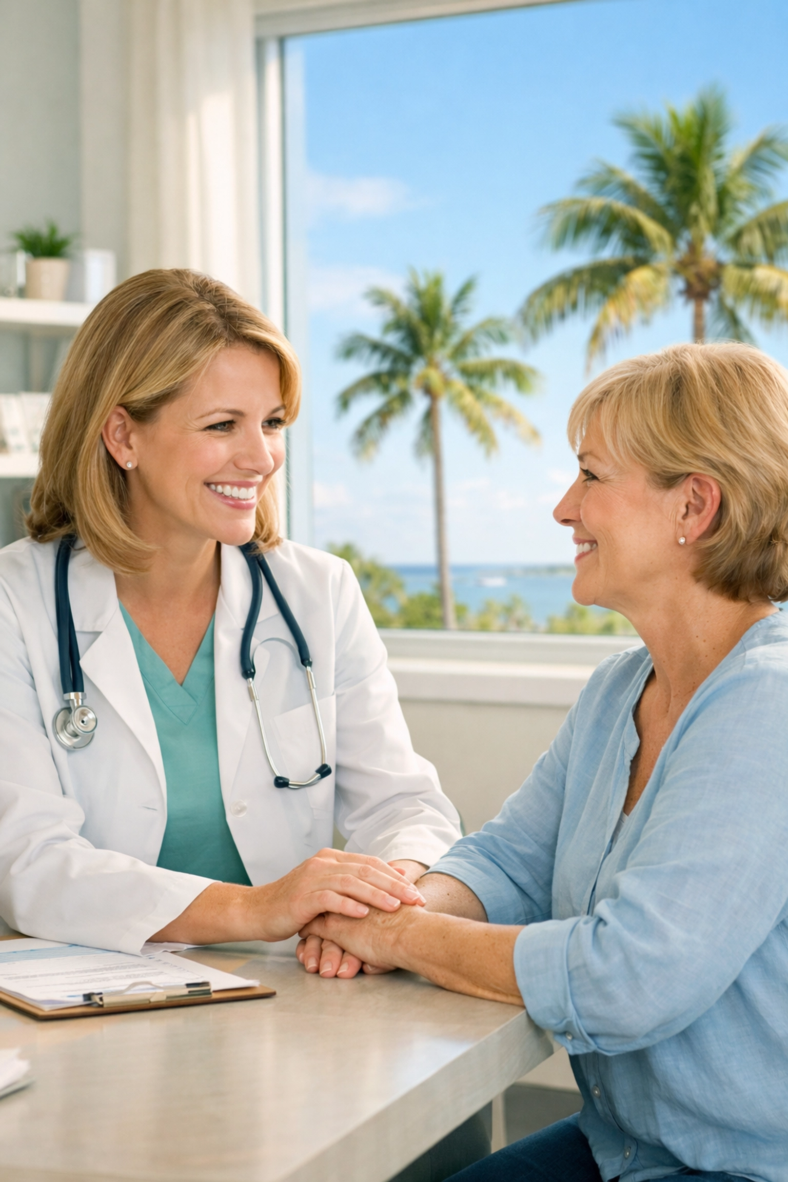 Consultation about Florida marketplace health insurance options in a sunny SW Florida medical office.