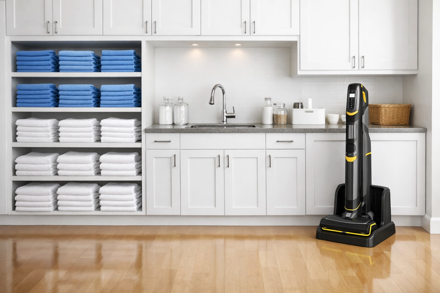 Properly maintained house cleaning equipment and fresh supplies for a high-end Marlborough residence.