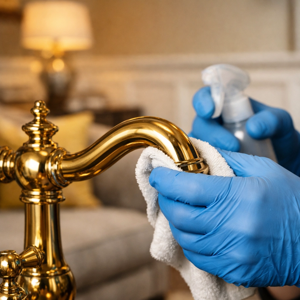 Professional house cleaning in Southborough expert polishing a high-end brass fixture in a luxurious home.