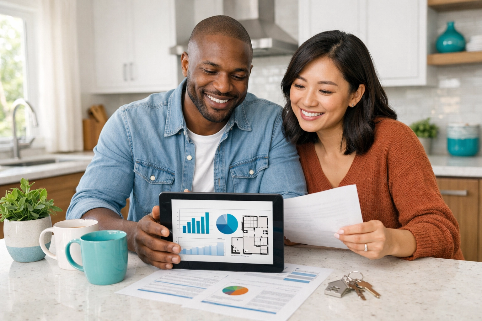 Couple confidently reviewing home purchase plans and financial data with real estate documents Couple confidently reviewing home purchase plans and financial data with real estate documents