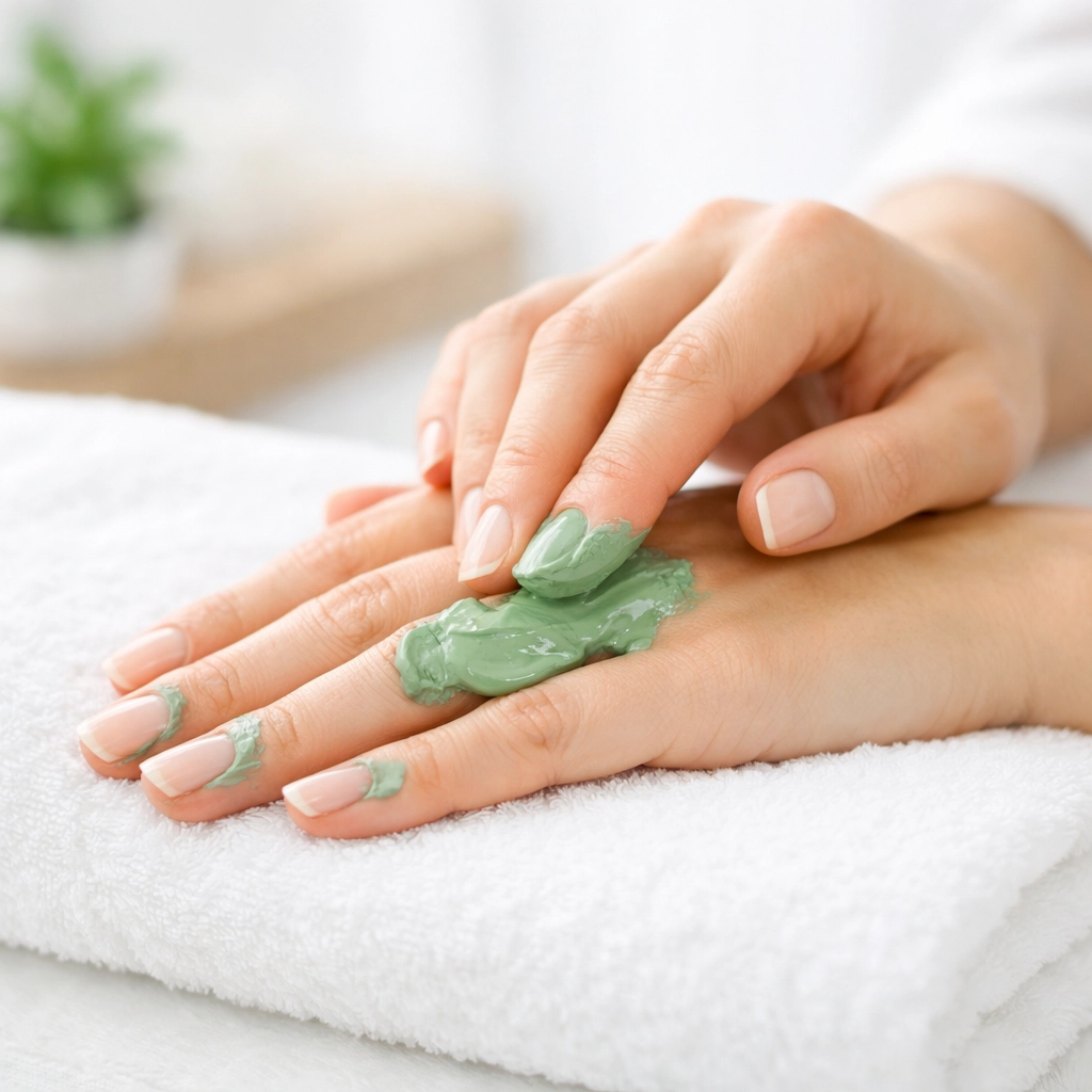 Applying healing clay to cuticles on hands demonstrating why clay is the secret to nail strength.