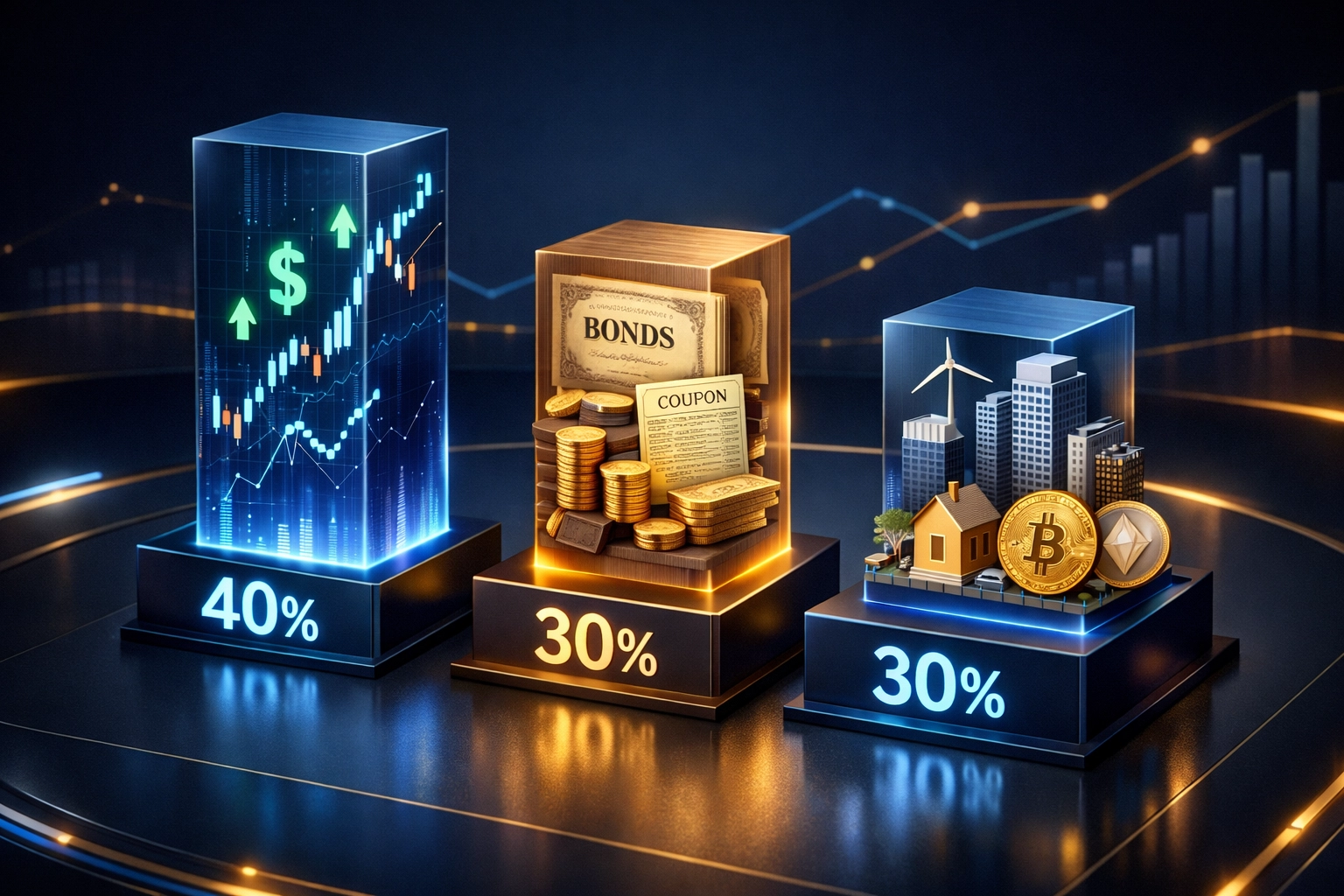 40/30/30 portfolio allocation framework showing equities, bonds, and alternative investments
