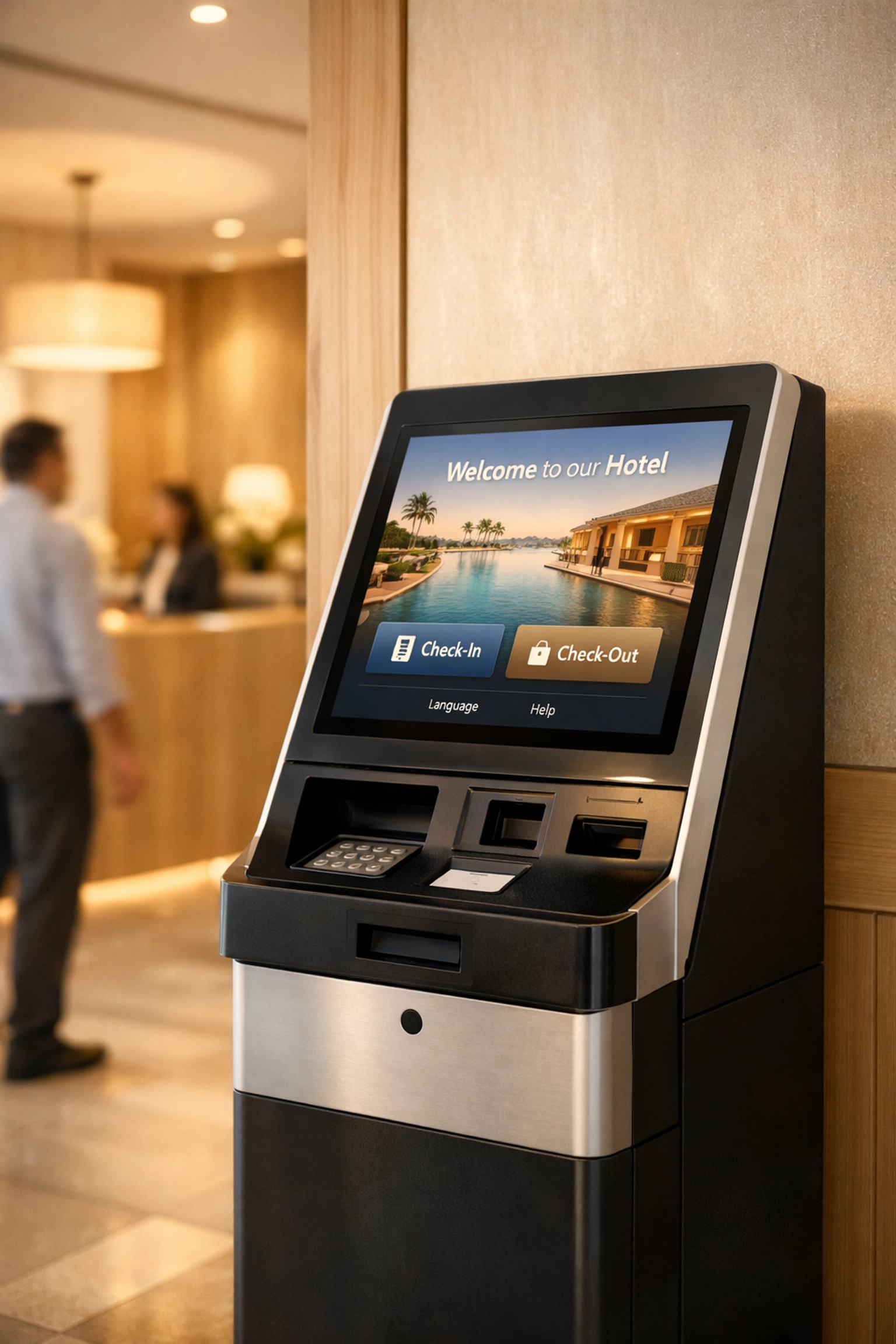 Modern self-check-in kiosk in hotel lobby enabling contactless guest arrival automation