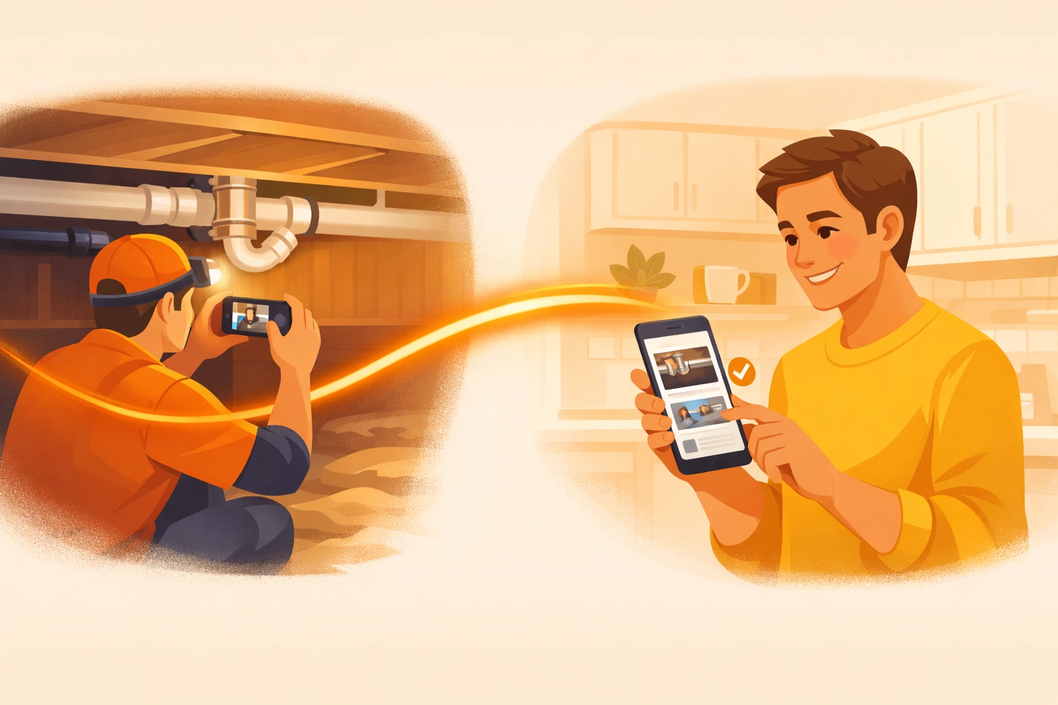 Illustration of a contractor sharing a professional construction photo timeline with a happy client.