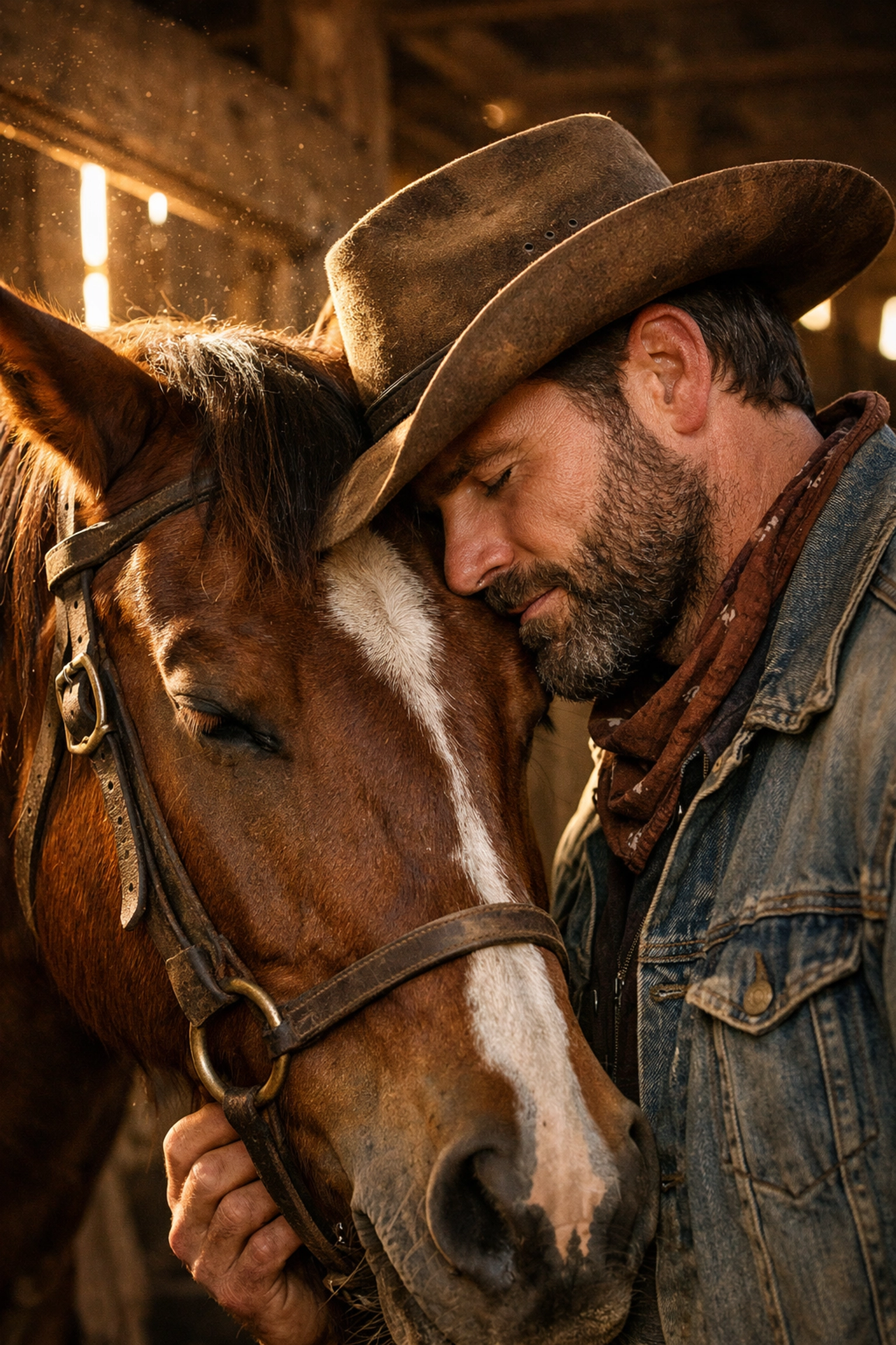 A gay cowboy shares a tender, emotional moment with his horse in a rustic sunlit stable.