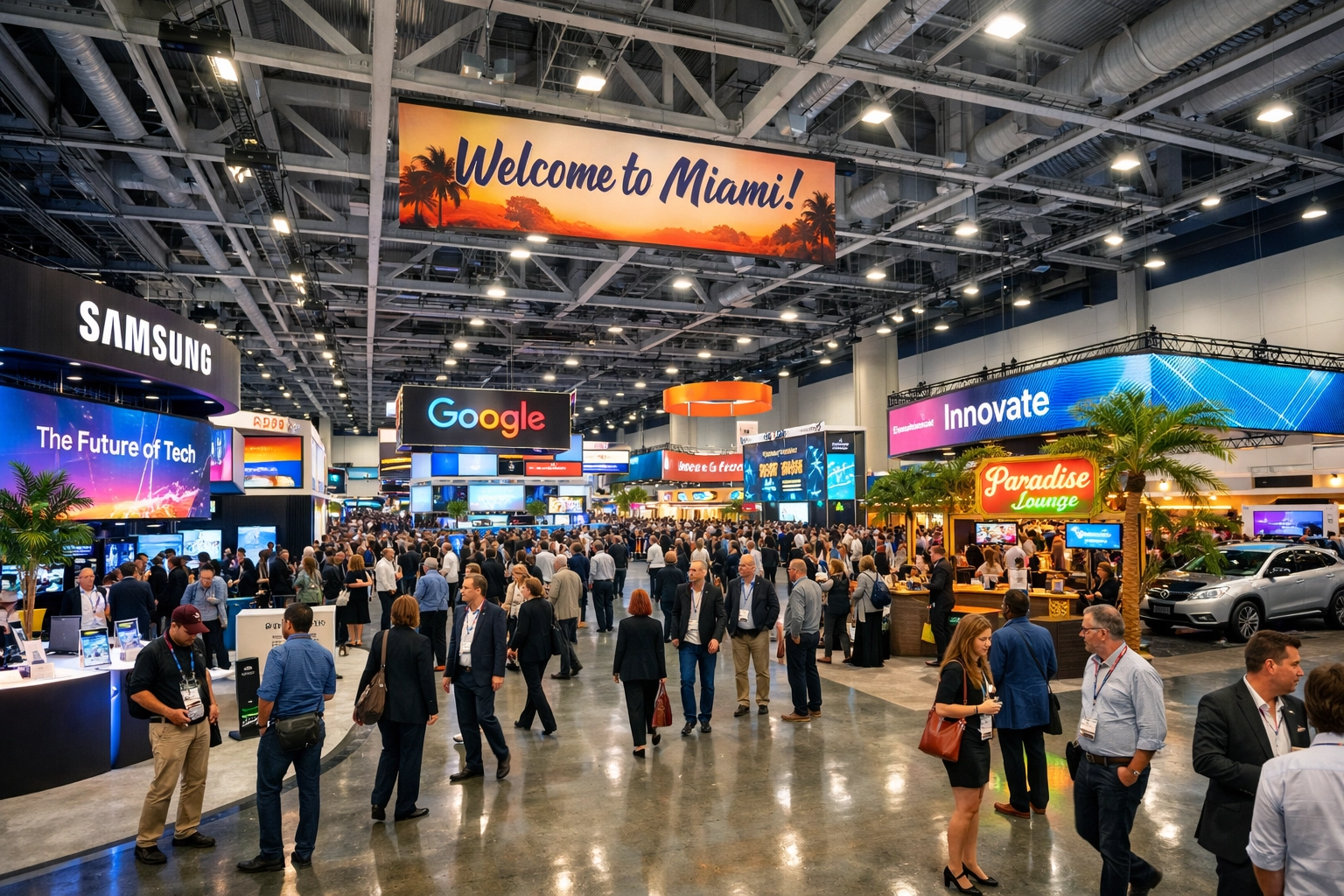 Professional trade show photographer Miami capturing high-energy brand activations in a convention center.