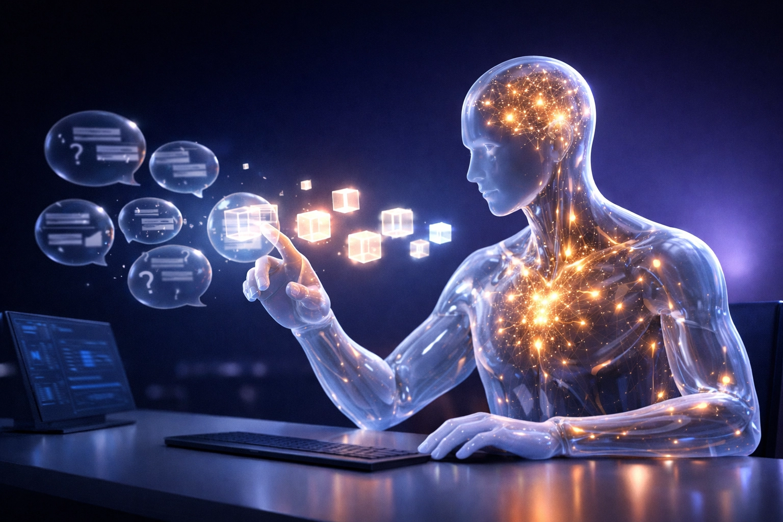 Autonomous AI agent processing complex customer queries into structured resolutions in a futuristic setting.