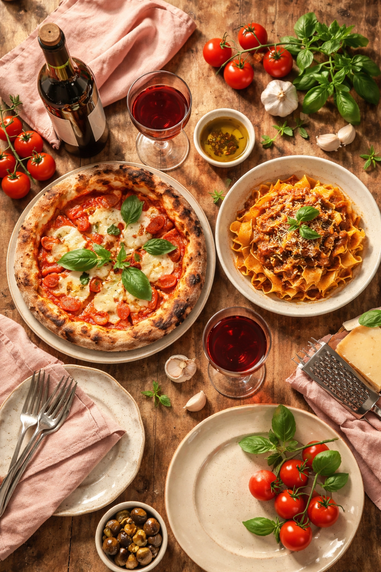 Flat-lay of Neapolitan pizza, handmade pasta, and wine, highlighting Felixstowe’s Italian takeaway options.