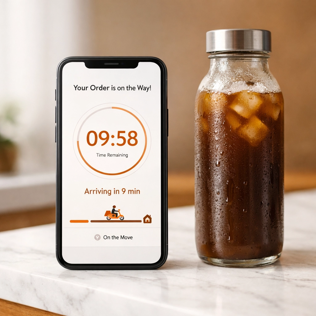Smartphone showing 10-minute delivery timer next to ready to drink iced coffee bottle