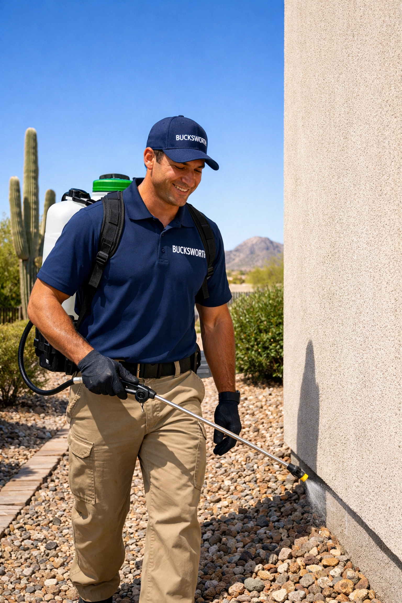Bucksworth technician applying a professional scorpion control barrier to a home in Vistancia, Peoria.