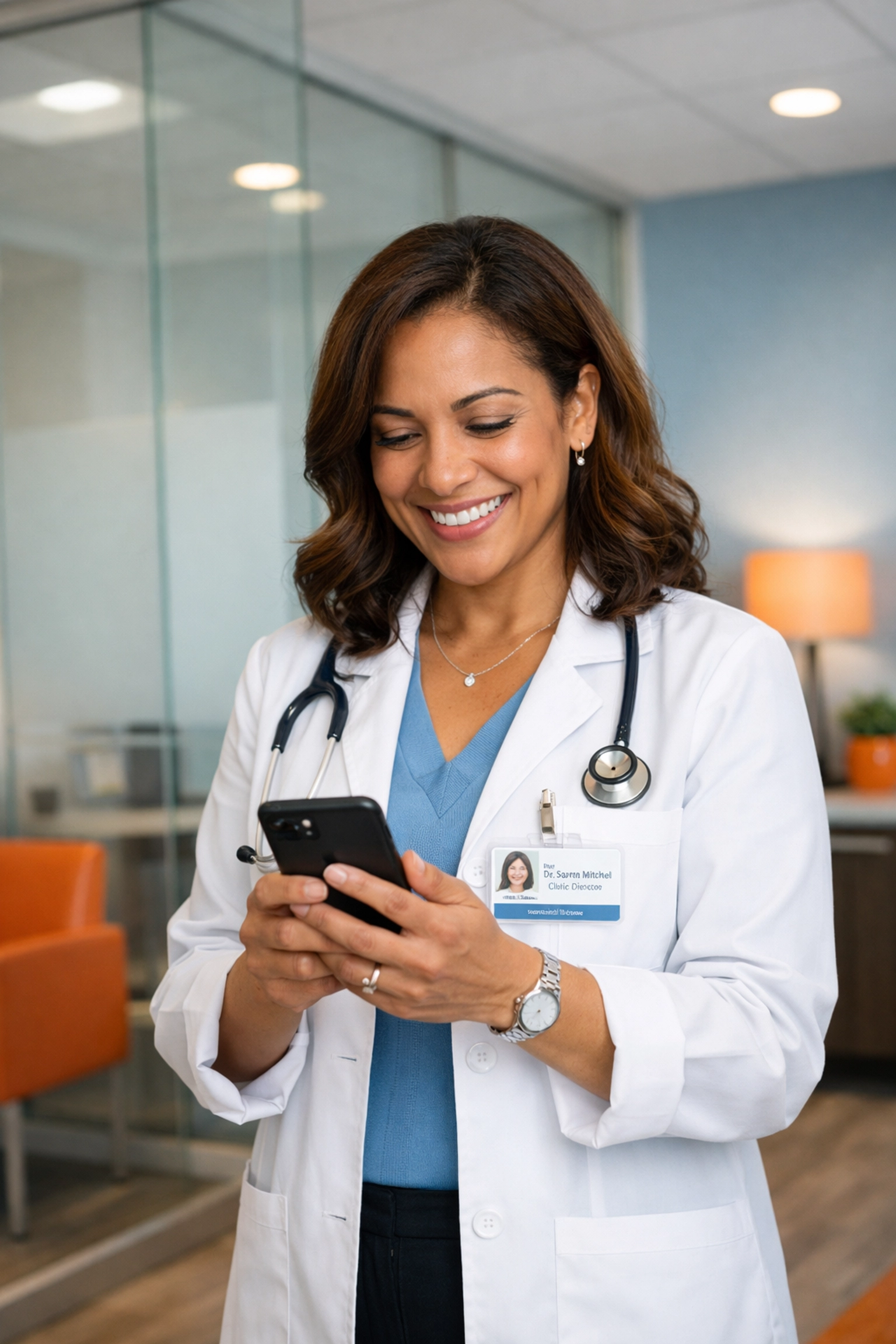 Clinic director confidently using a healthcare staffing agency to scale her medical facility.