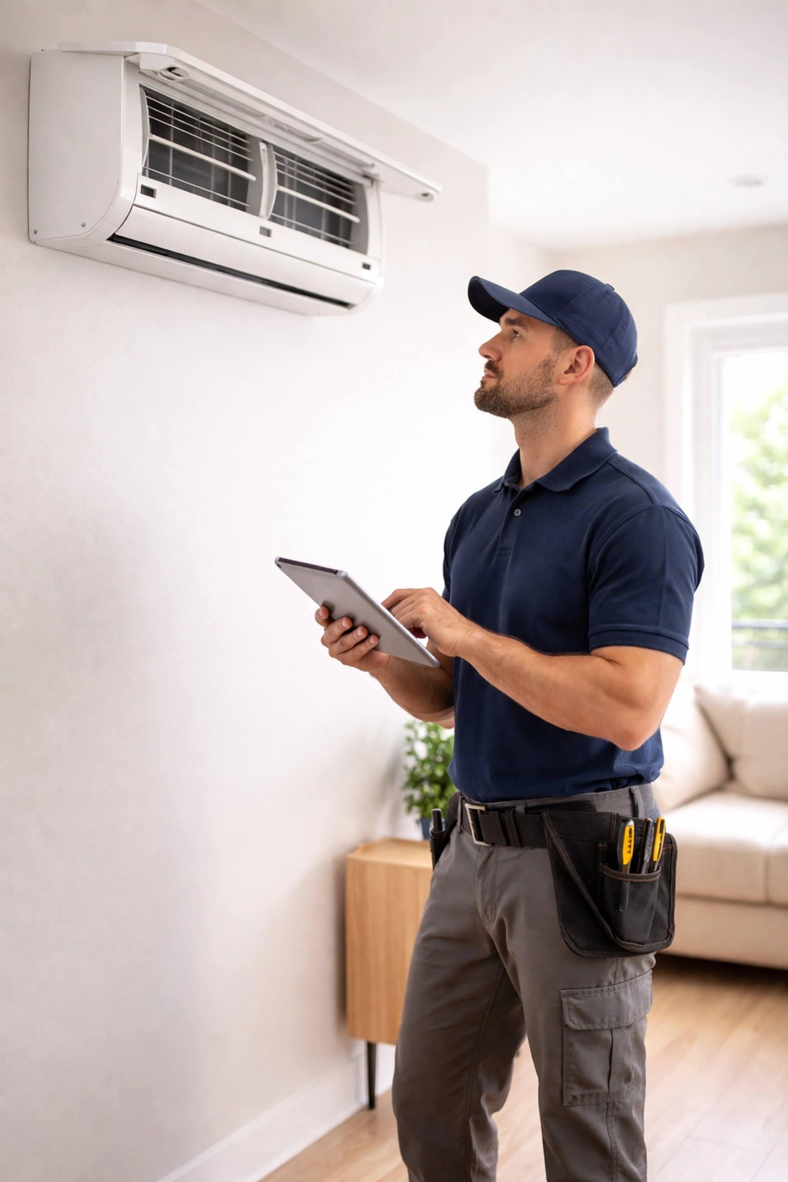 HVAC technician inspecting a mini-split system for refrigerant compliance in a Southern Maine home