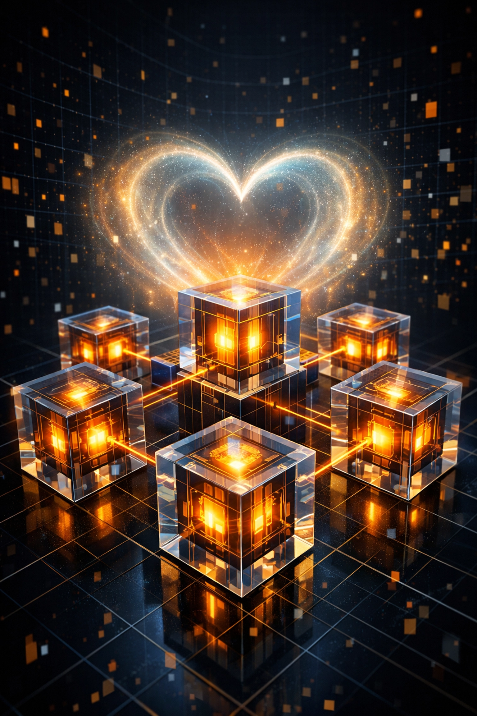 LareBlocks infrastructure visualization showing secure blockchain nodes and the 1.5% social impact charity tax.