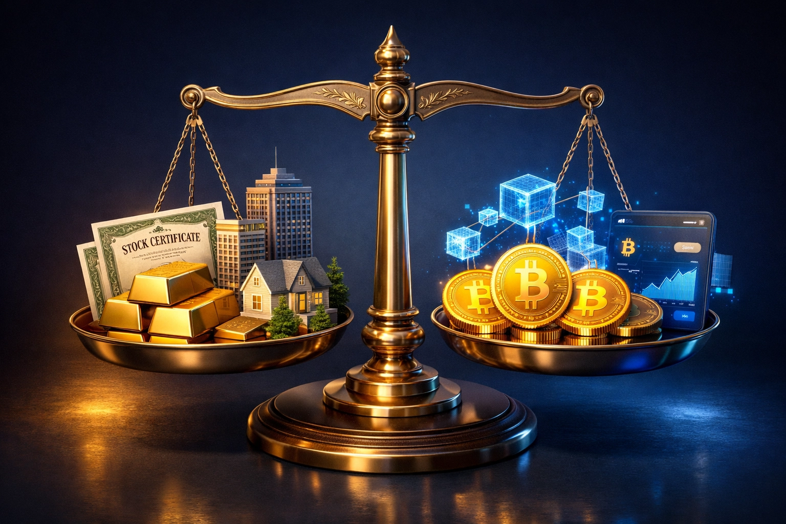 Balanced scale showing traditional investments and digital assets for wealth preservation