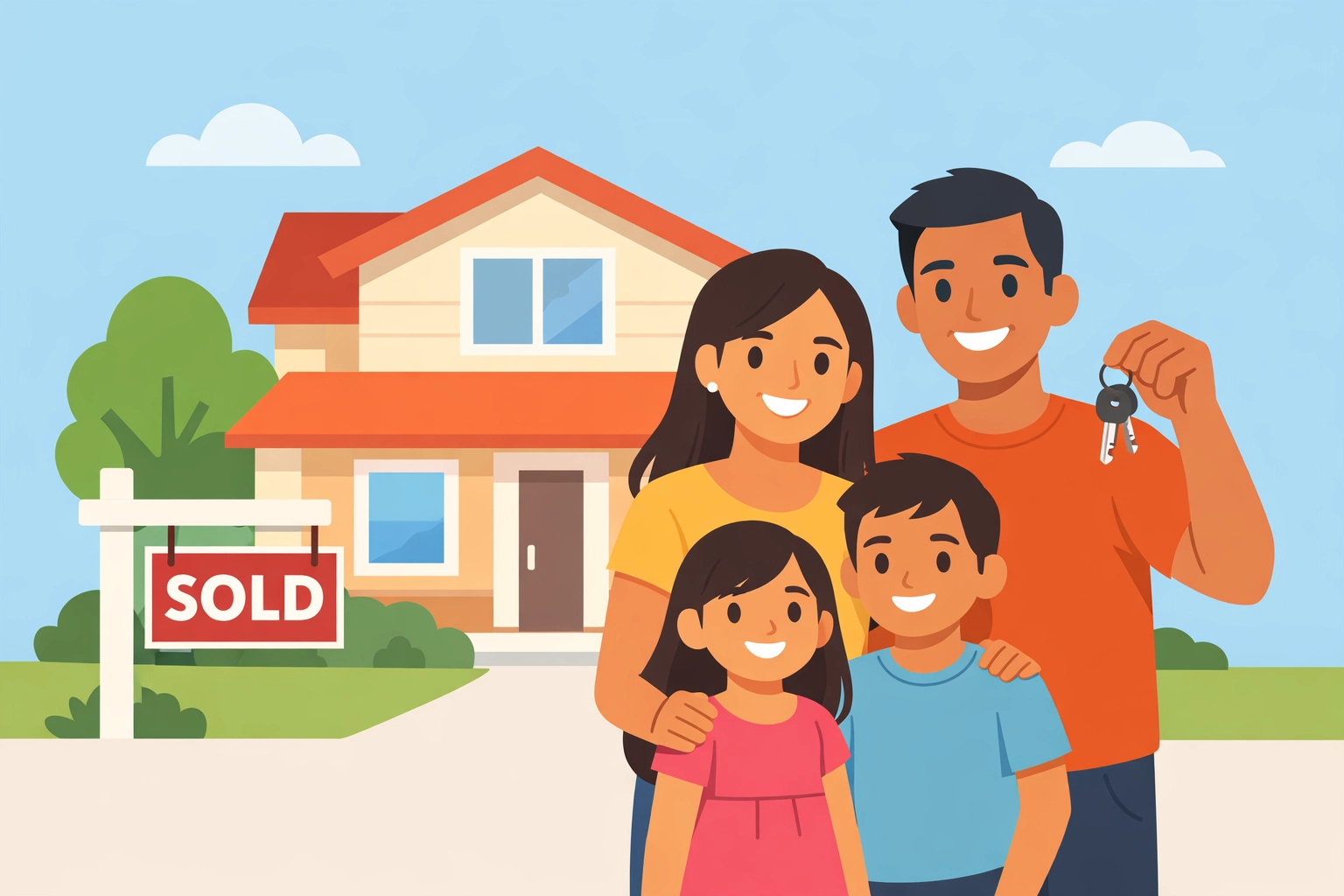 Familia latina feliz frente a su casa propia con llaves en mano