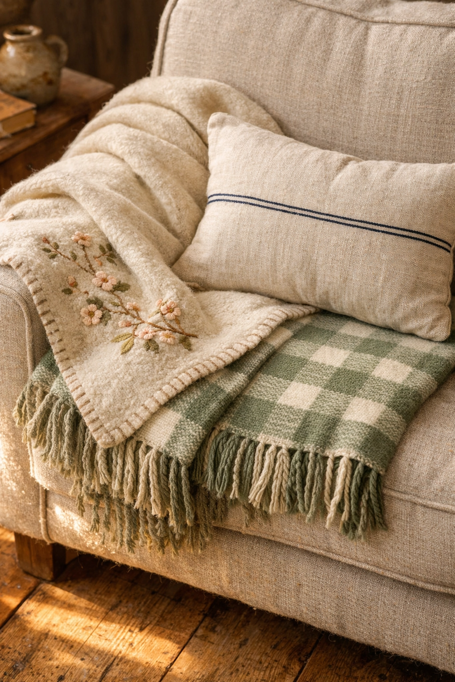 Artisan textiles and floral wool throws layered on a cozy armchair for textured home decor.