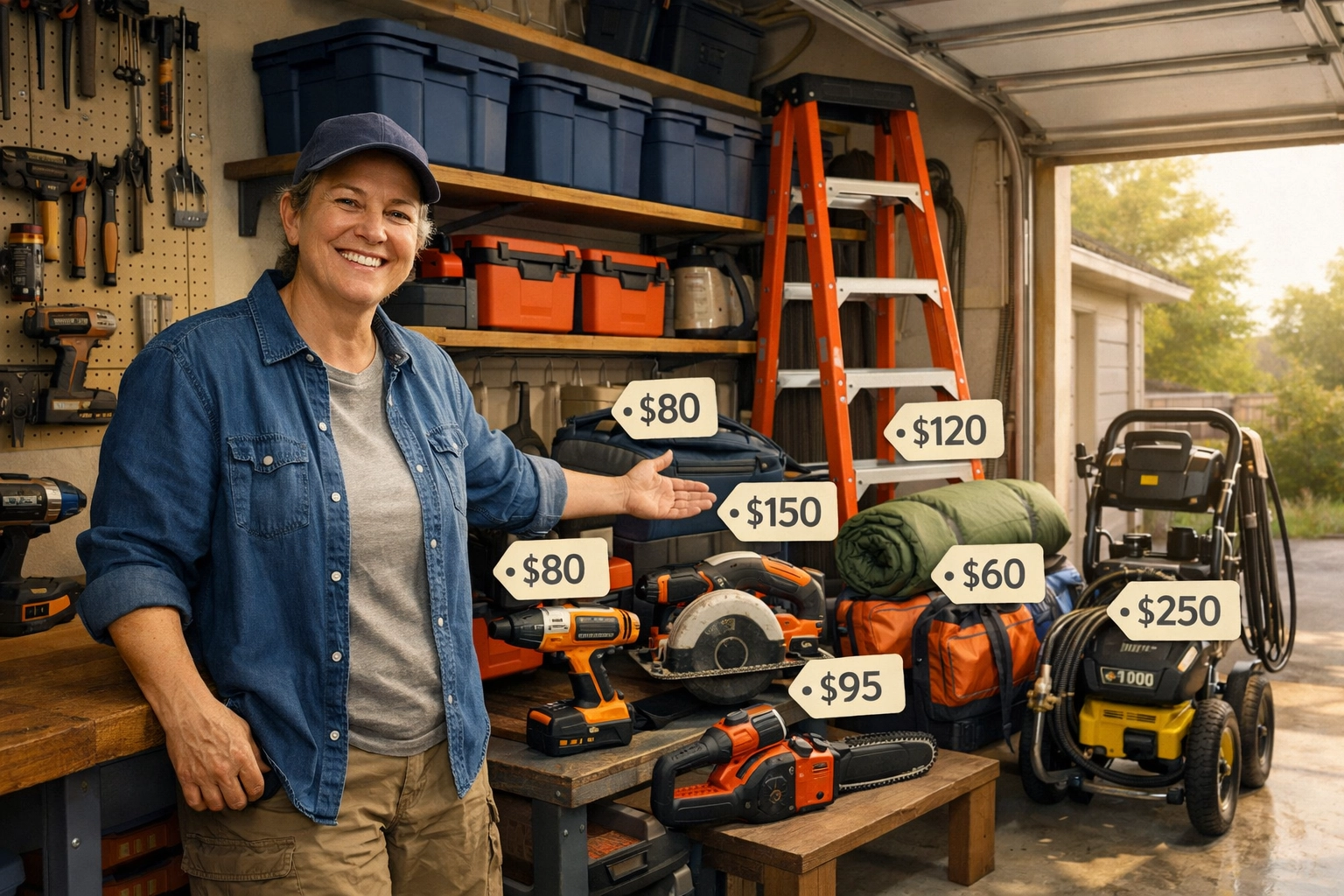 Organized garage filled with valuable rental equipment like power tools, ladder, and camping gear