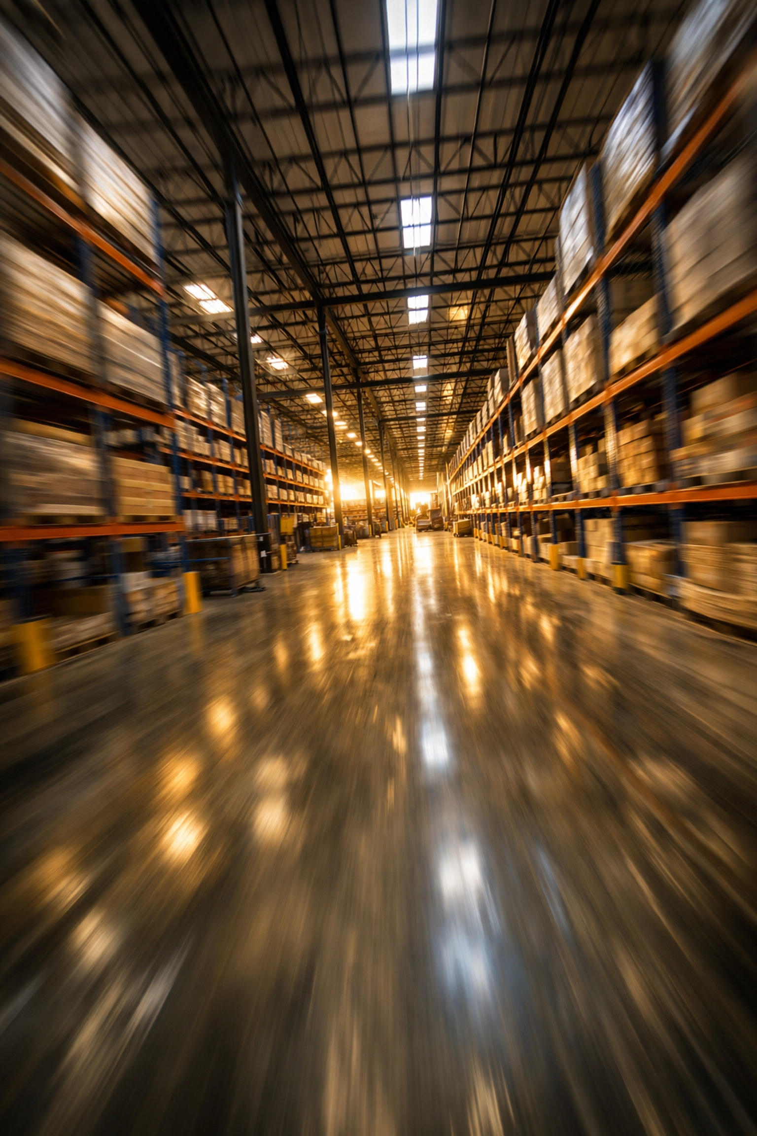 Cinematic FPV drone flythrough of a sun-drenched commercial warehouse in Denver, Colorado.