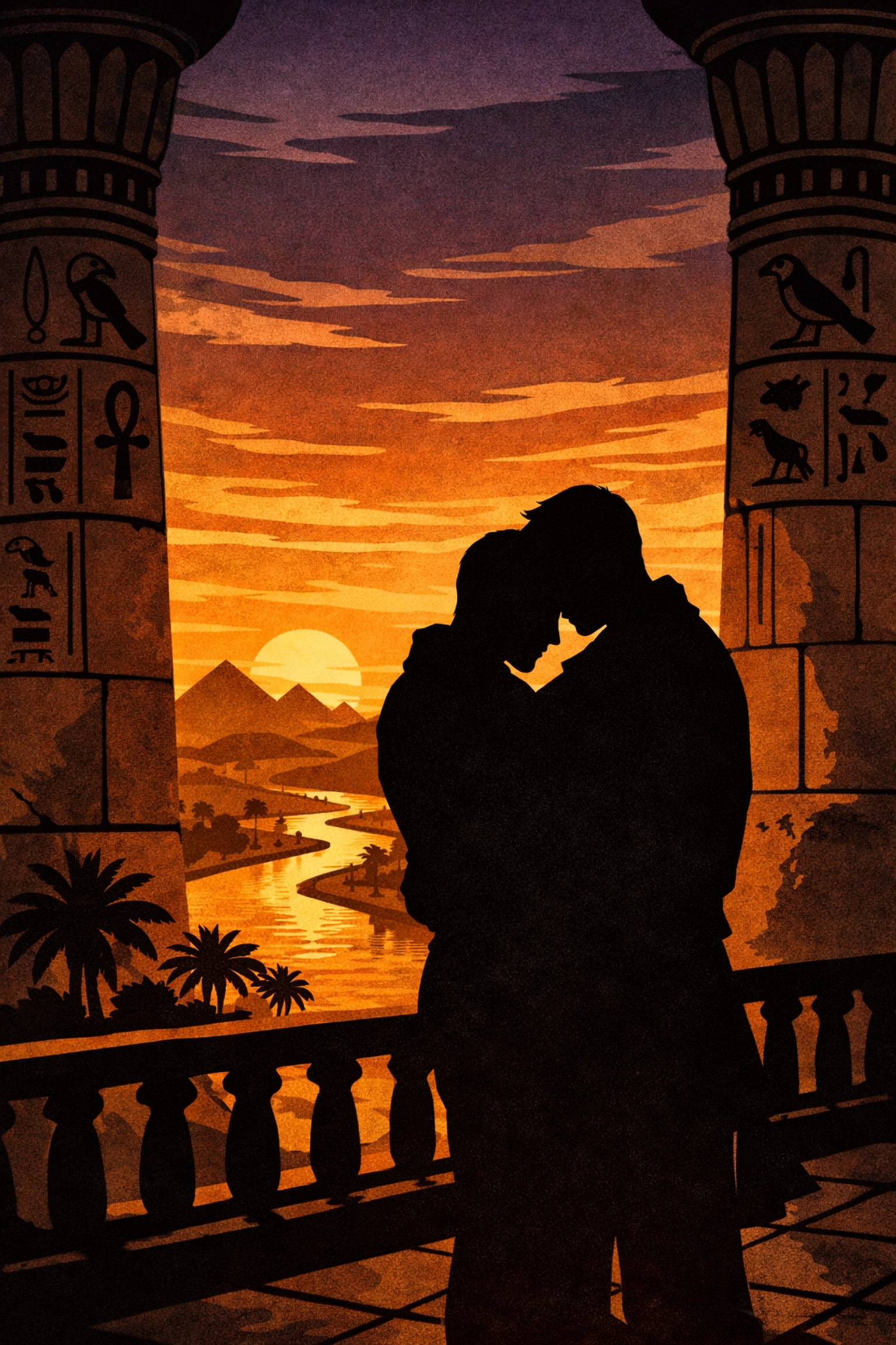 Two men embracing on Egyptian palace balcony at sunset overlooking the Nile, MM romance silhouette