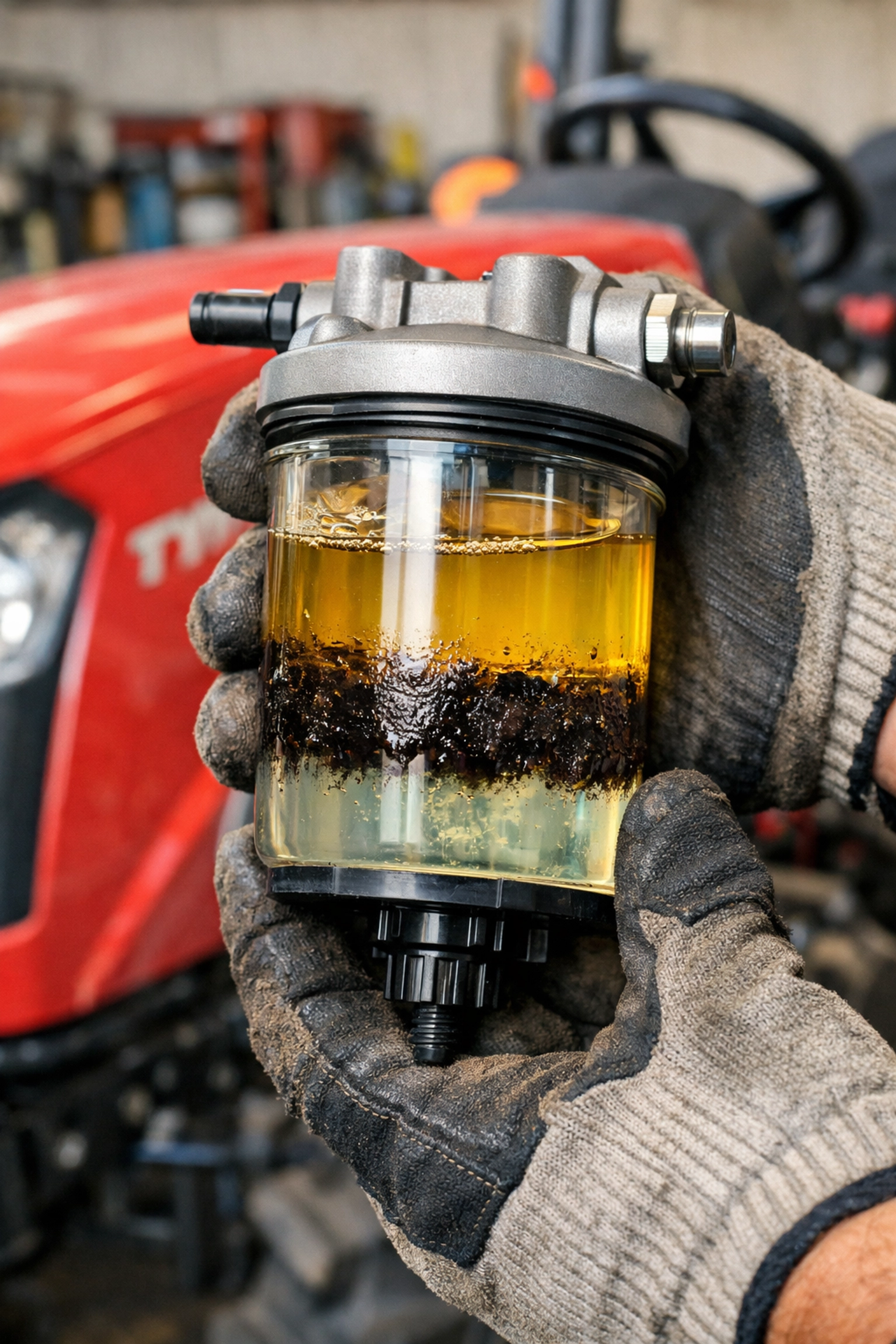 Contaminated diesel fuel filter showing water separation and microbial growth