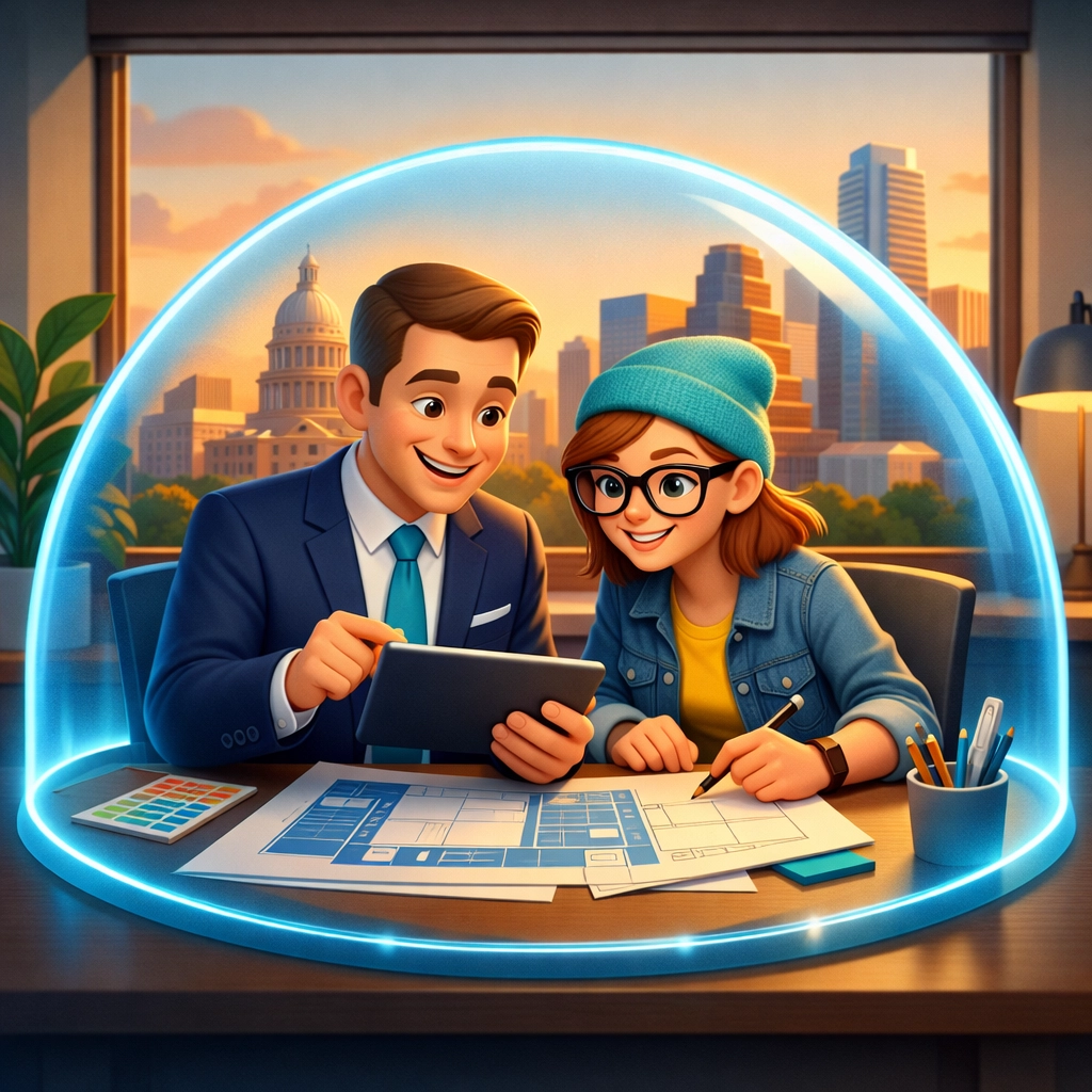 Texas professionals collaborating under a protective shield for small business liability insurance coverage.